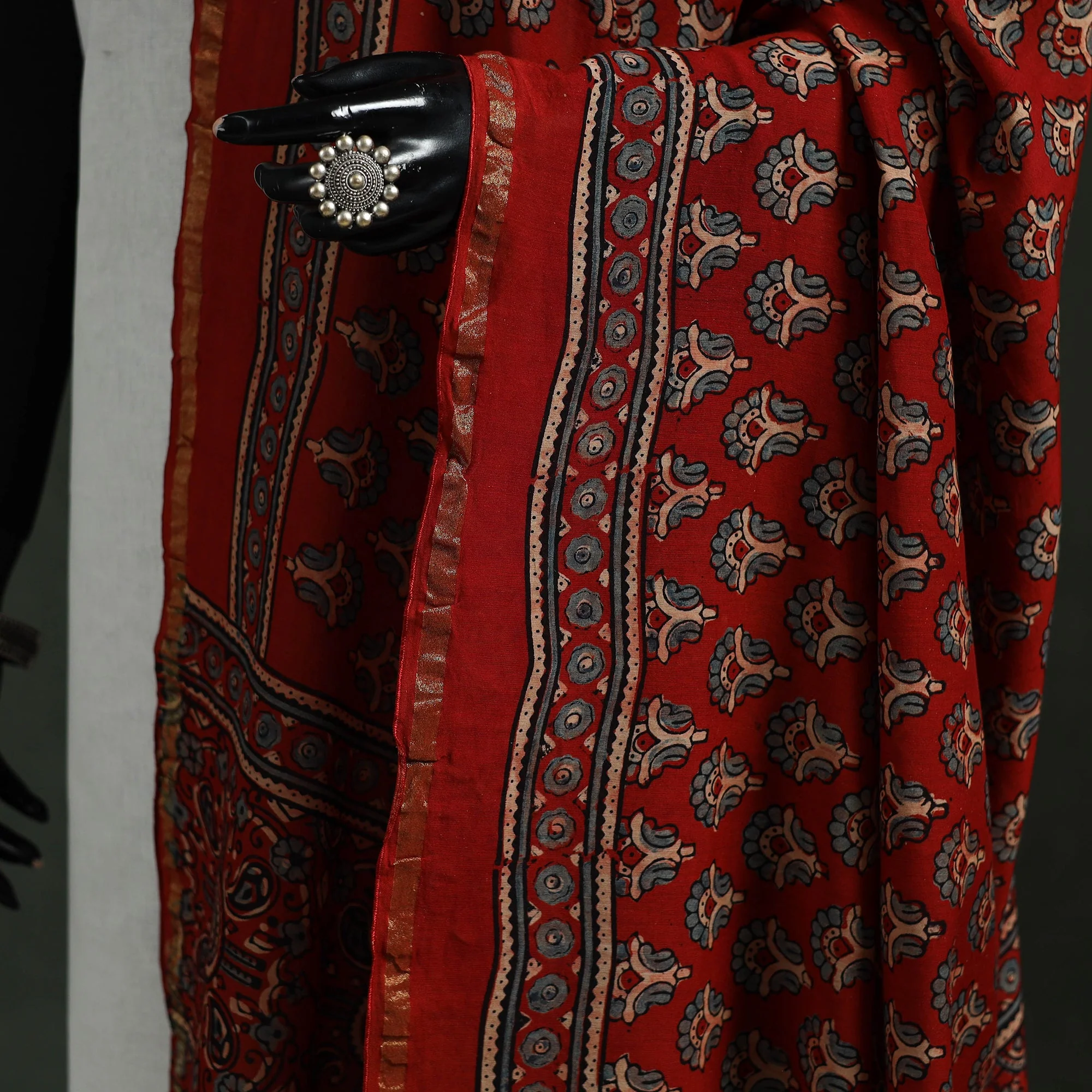 Red - Chanderi Silk Kutch Hand Block Print Natural Dyed Handloom Ajrakh Dupatta 37 - Image 3