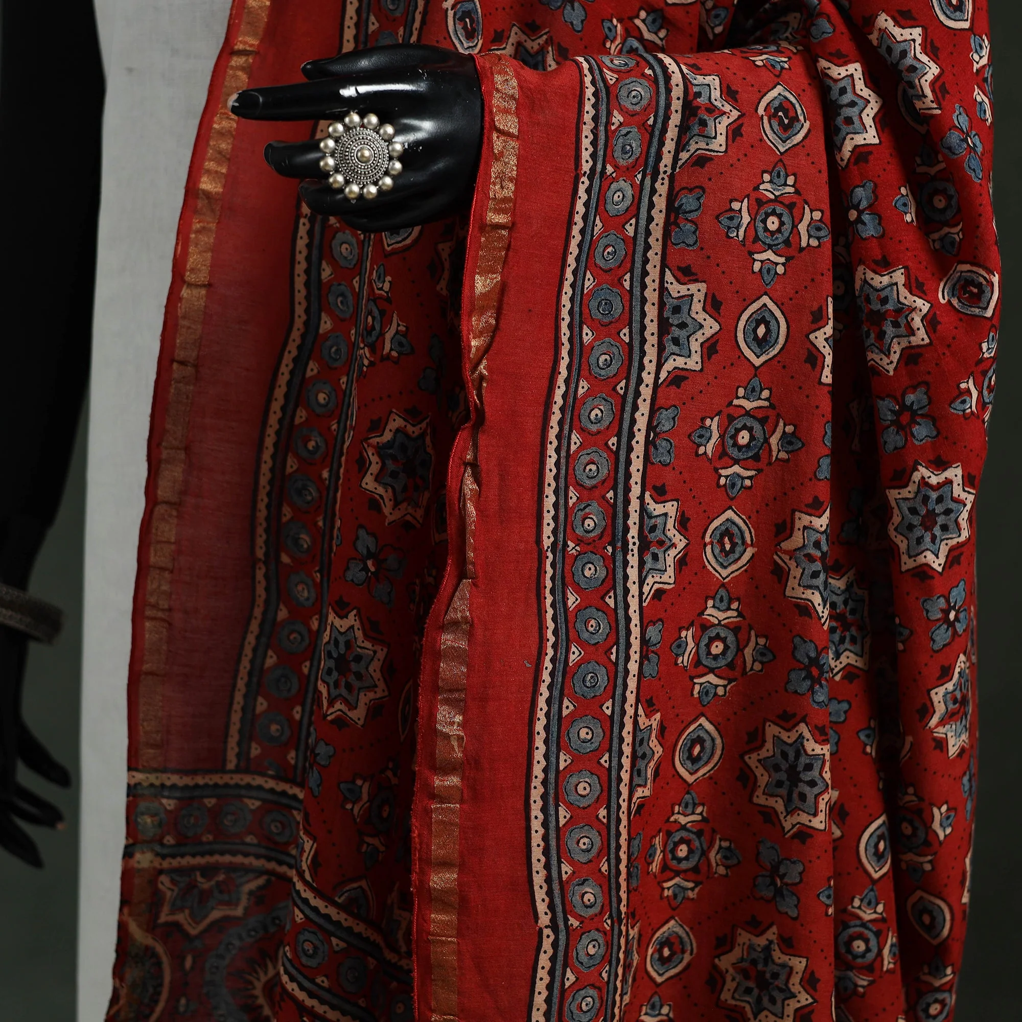 Red - Chanderi Silk Kutch Hand Block Print Natural Dyed Handloom Ajrakh Dupatta 39 - Image 3
