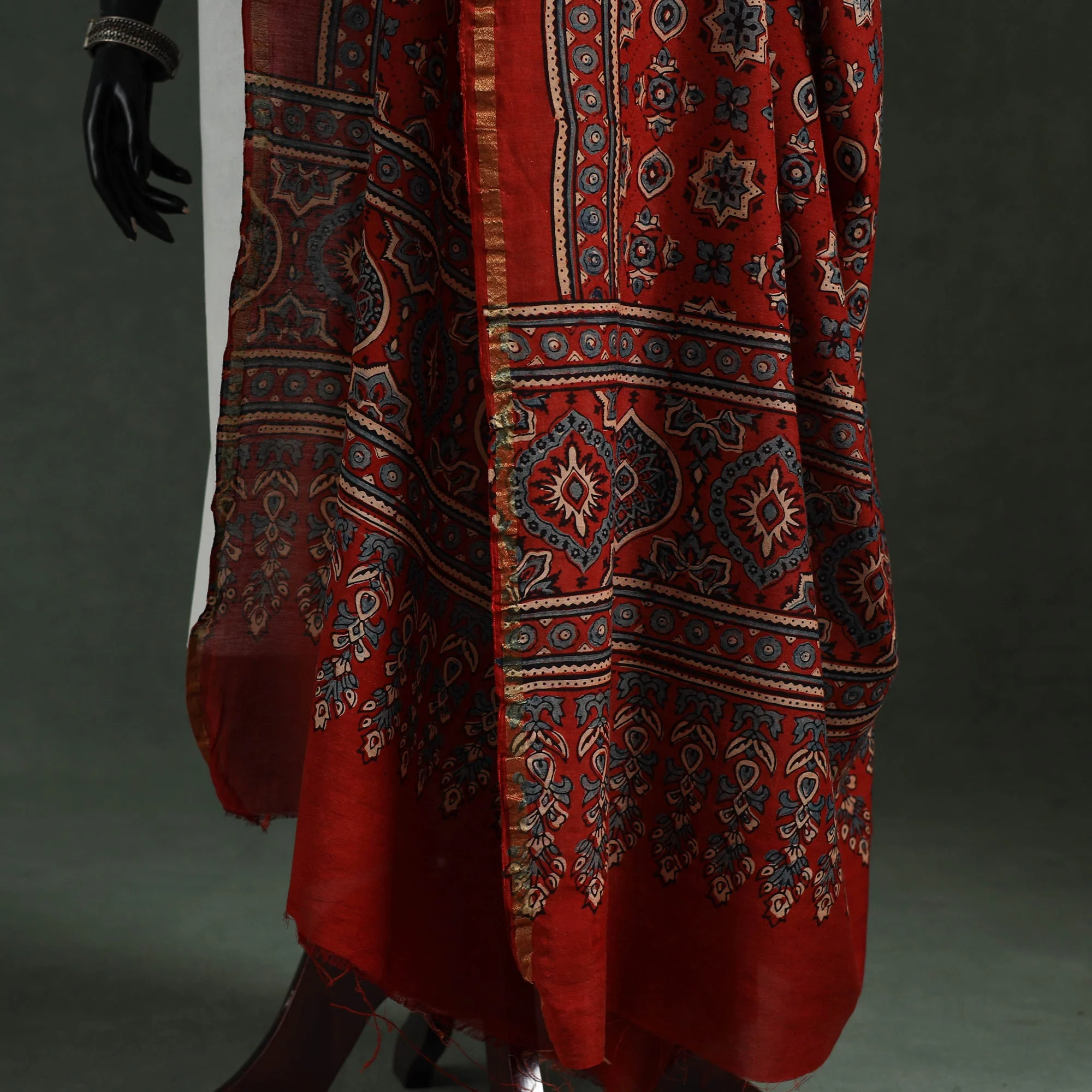 Red - Chanderi Silk Kutch Hand Block Print Natural Dyed Handloom Ajrakh Dupatta 39 - Image 4