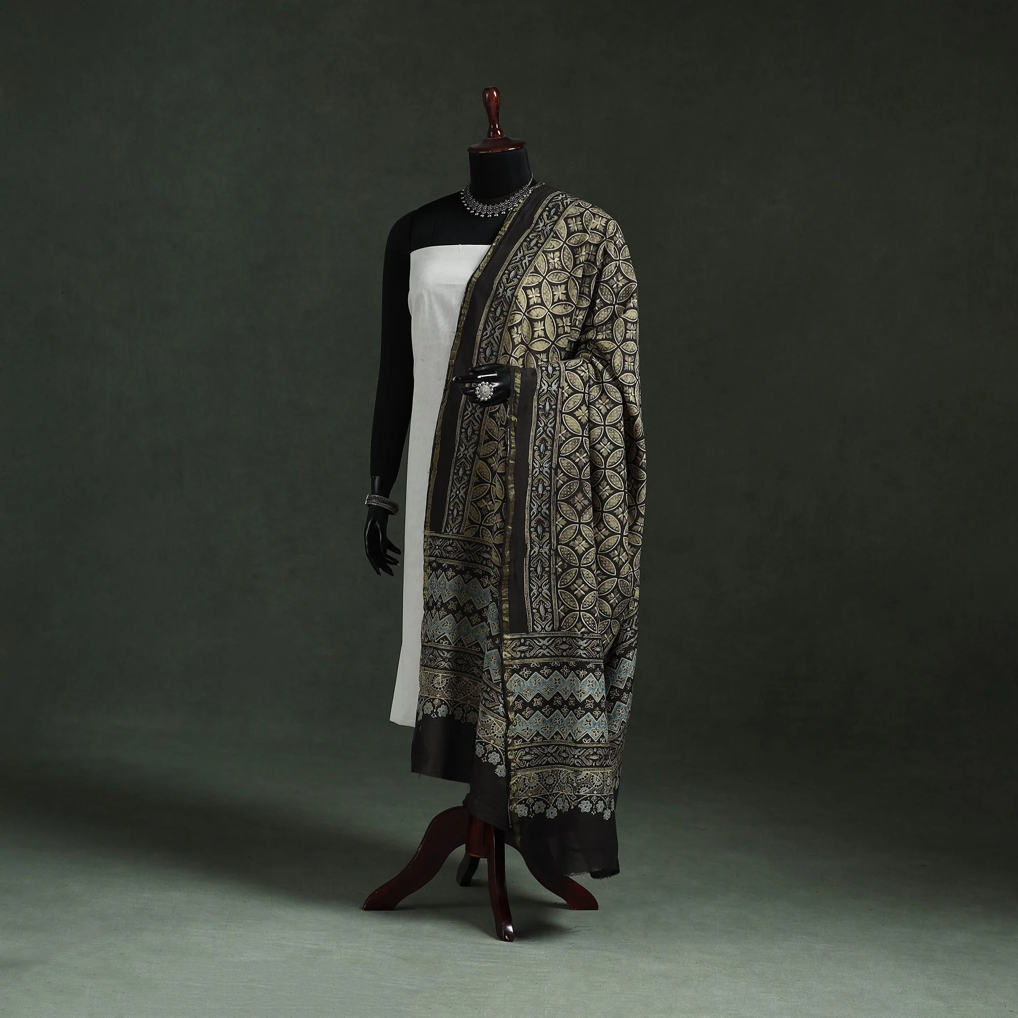 Black - Chanderi Silk Kutch Hand Block Print Natural Dyed Handloom Ajrakh Dupatta 41
