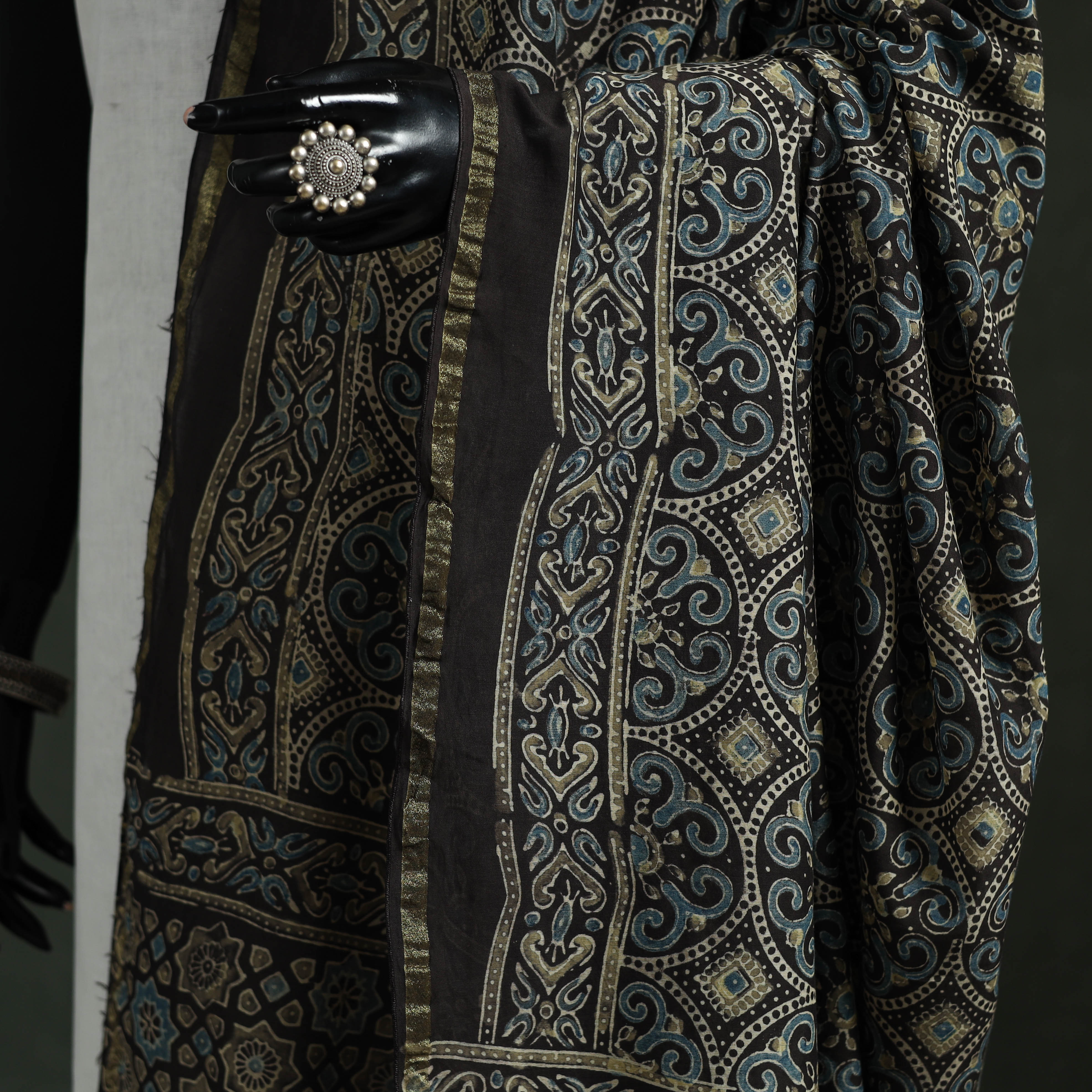 Black - Chanderi Silk Kutch Hand Block Print Natural Dyed Handloom Ajrakh Dupatta 45 - Image 3