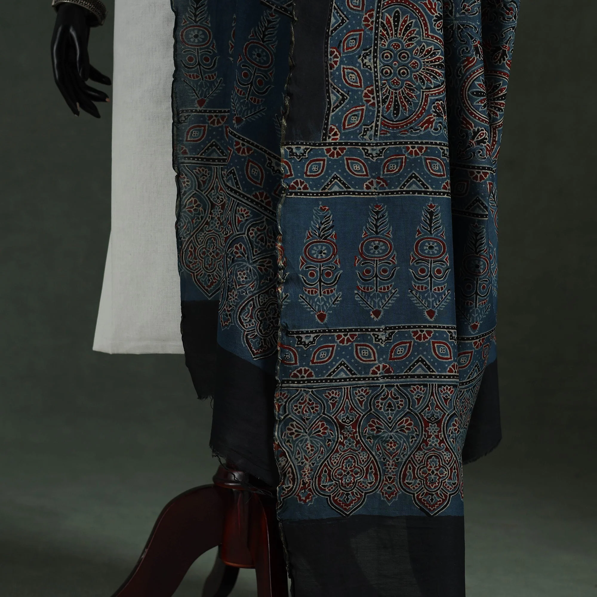 Blue - Chanderi Silk Kutch Hand Block Print Natural Dyed Handloom Ajrakh Dupatta 52 - Image 4