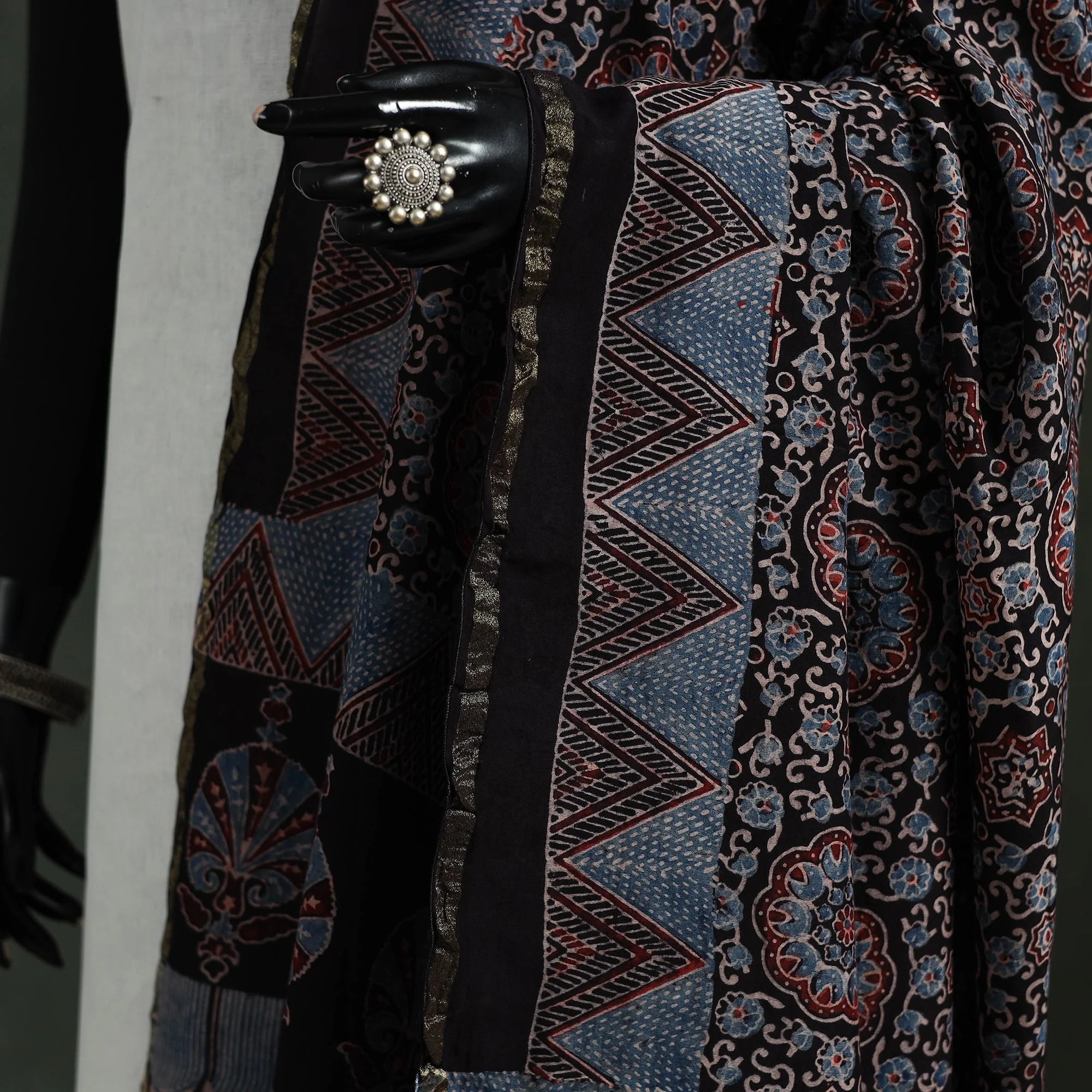 Black - Chanderi Silk Kutch Hand Block Print Natural Dyed Handloom Ajrakh Dupatta 61 - Image 3