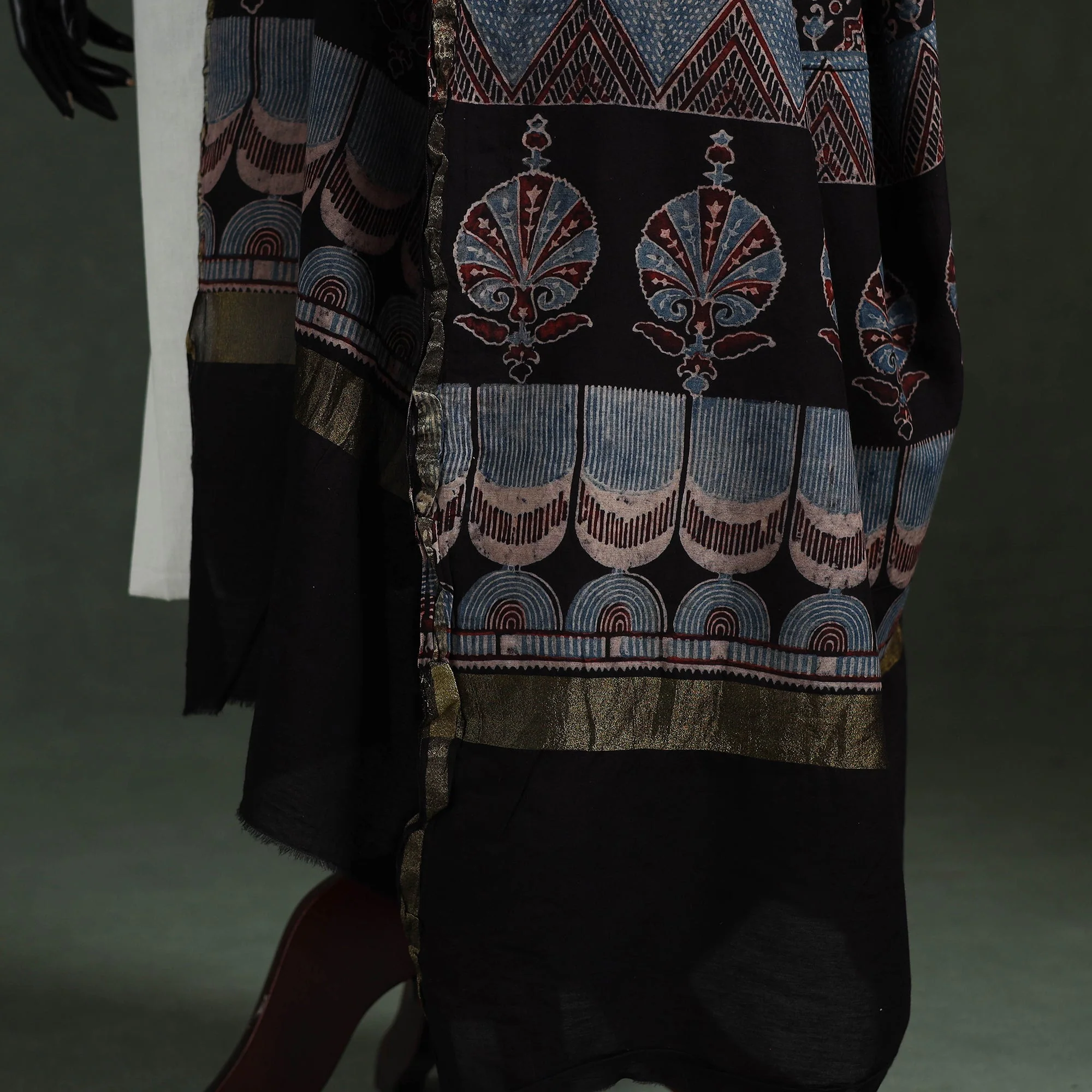 Black - Chanderi Silk Kutch Hand Block Print Natural Dyed Handloom Ajrakh Dupatta 61 - Image 4