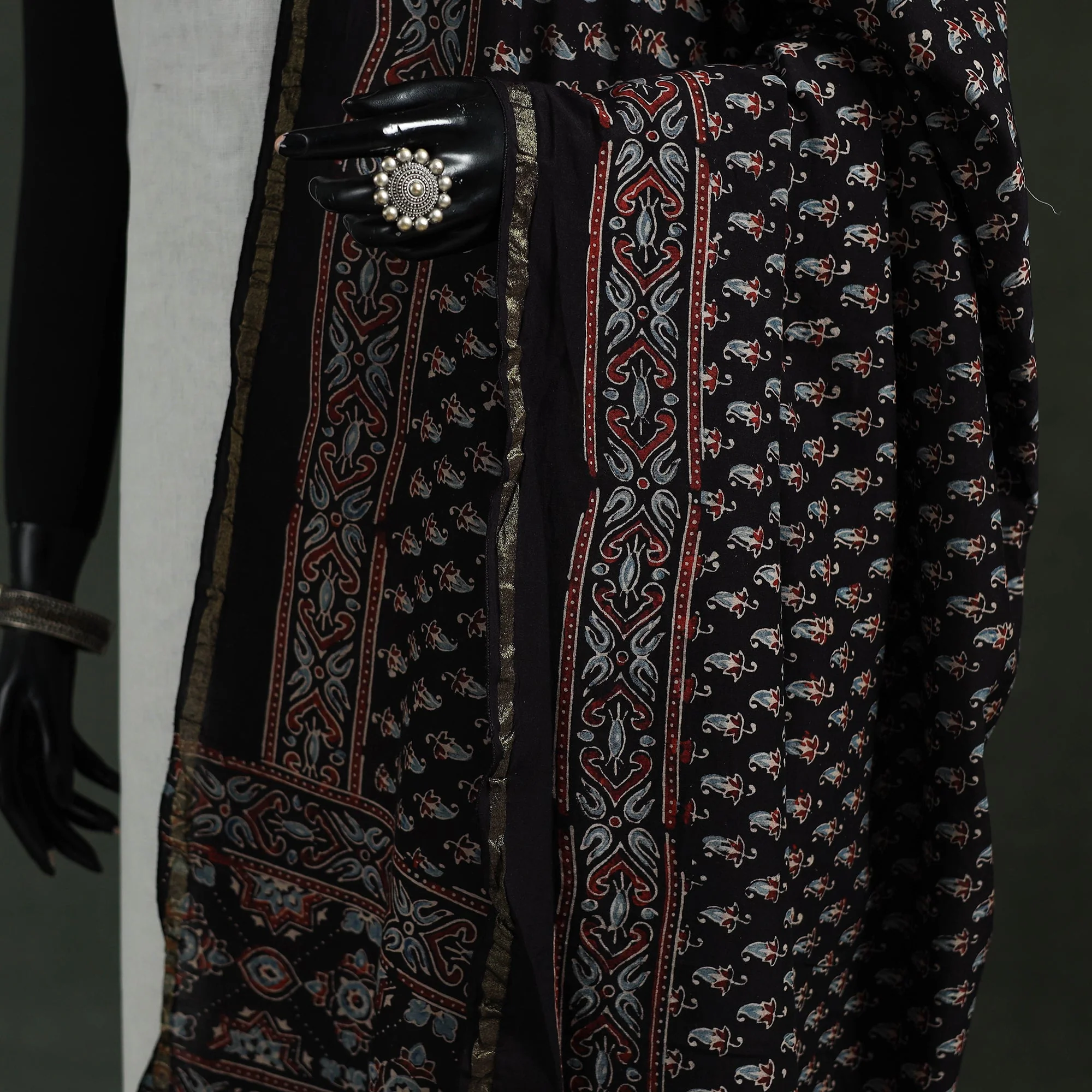 Black - Chanderi Silk Kutch Hand Block Print Natural Dyed Handloom Ajrakh Dupatta 66 - Image 3