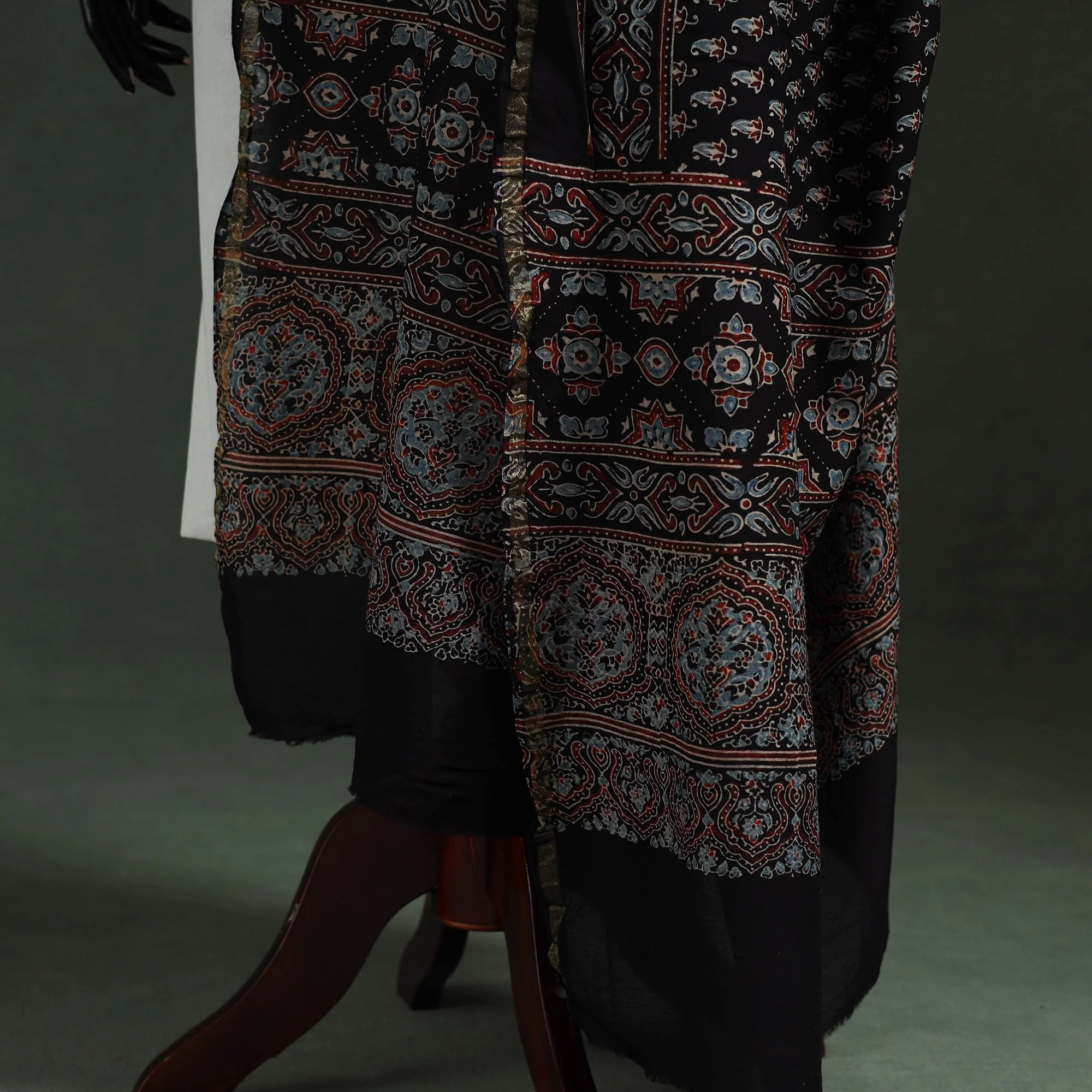 Black - Chanderi Silk Kutch Hand Block Print Natural Dyed Handloom Ajrakh Dupatta 66 - Image 4