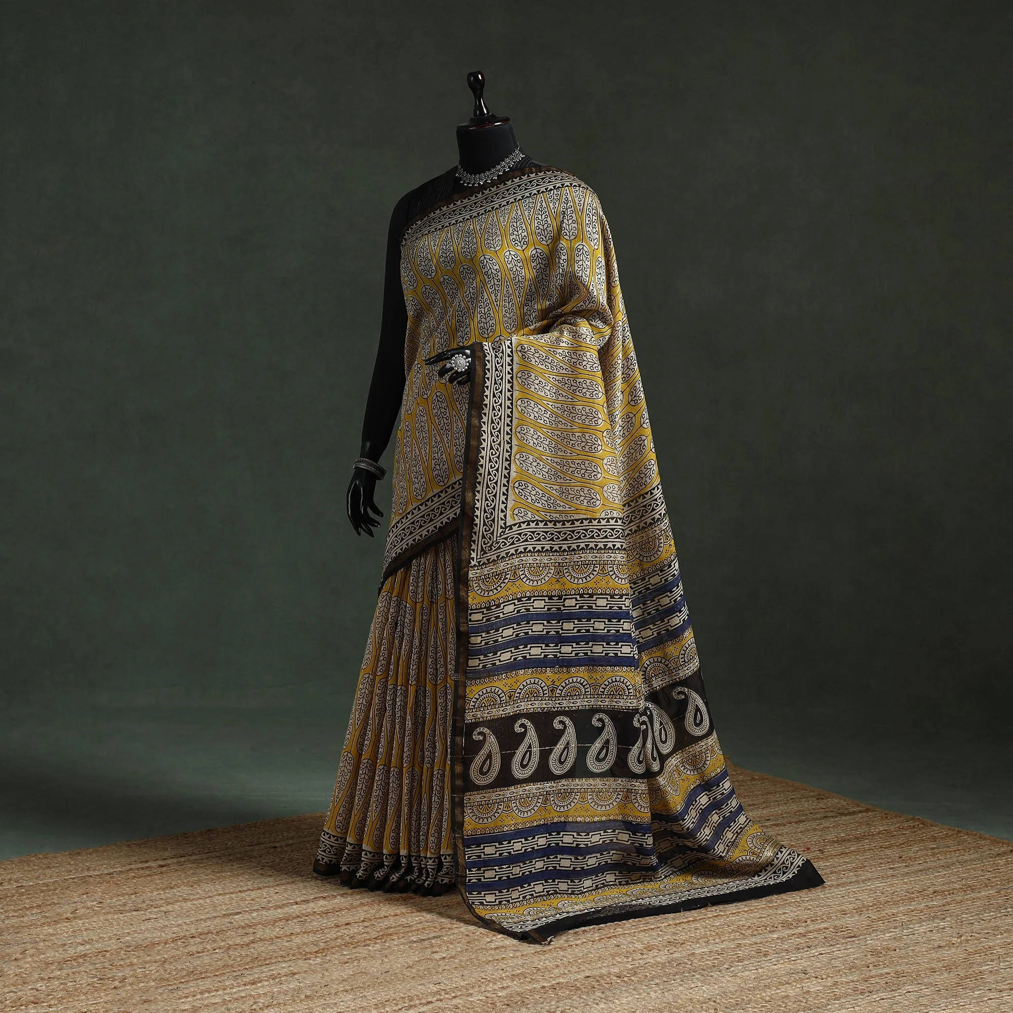 Yellow - Chanderi Silk Natural Dyed Hand Block Dabu Bagru Print Saree 61