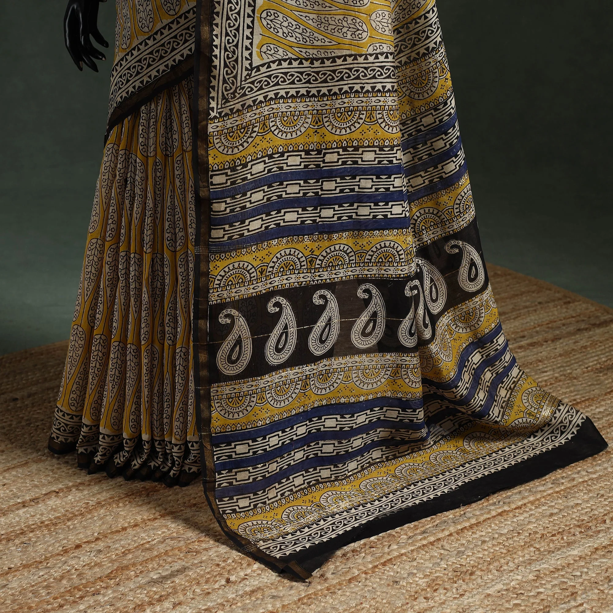 Yellow - Chanderi Silk Natural Dyed Hand Block Dabu Bagru Print Saree 61 - Image 4