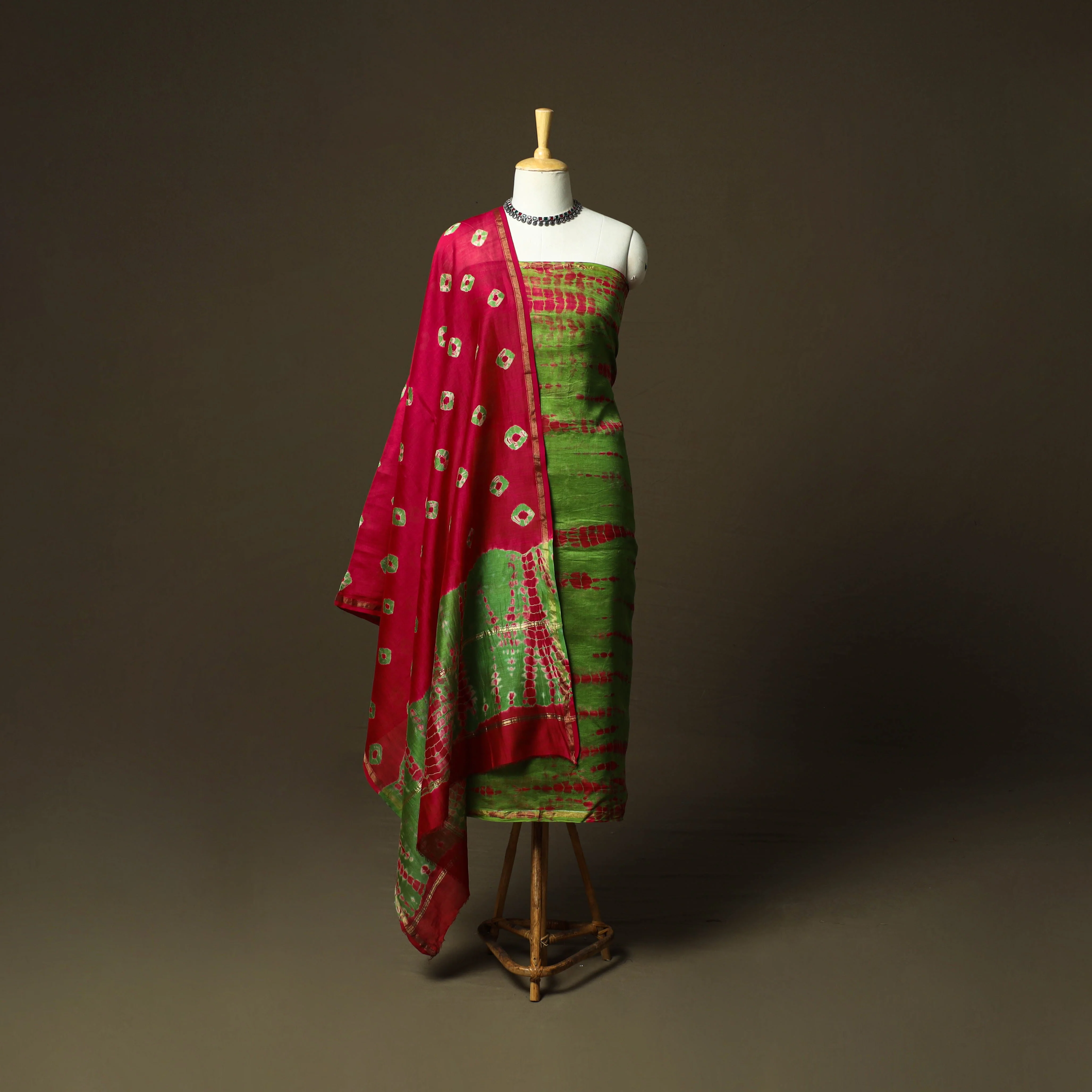 Green - Chanderi Silk Shibori Tie-Dye 3pc Unstitched Dress Material 06 - Image 2