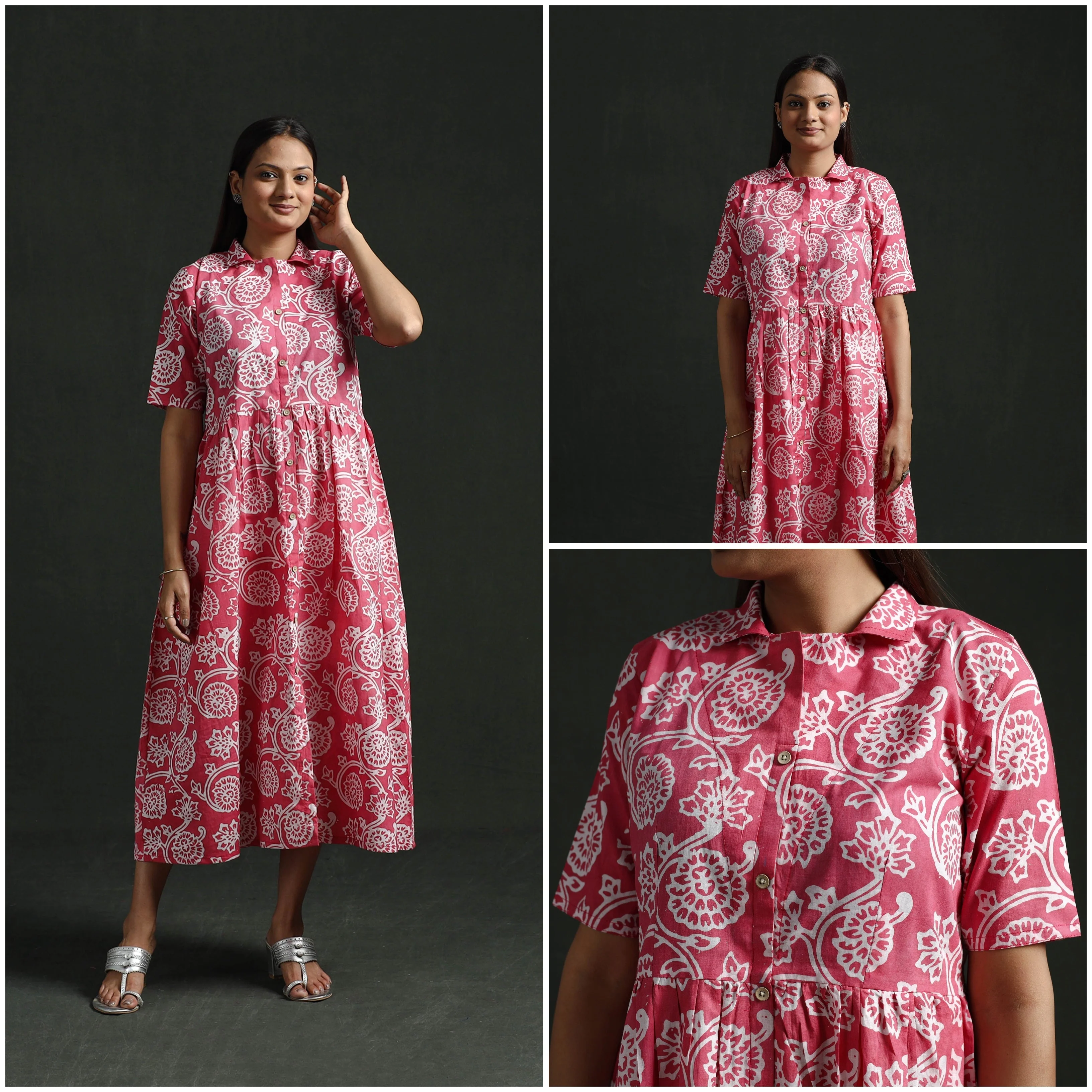 Pink - Collared Neck Buttoned Down Flared Cotton Hand Block Batik Print Dress 01 - Image 3
