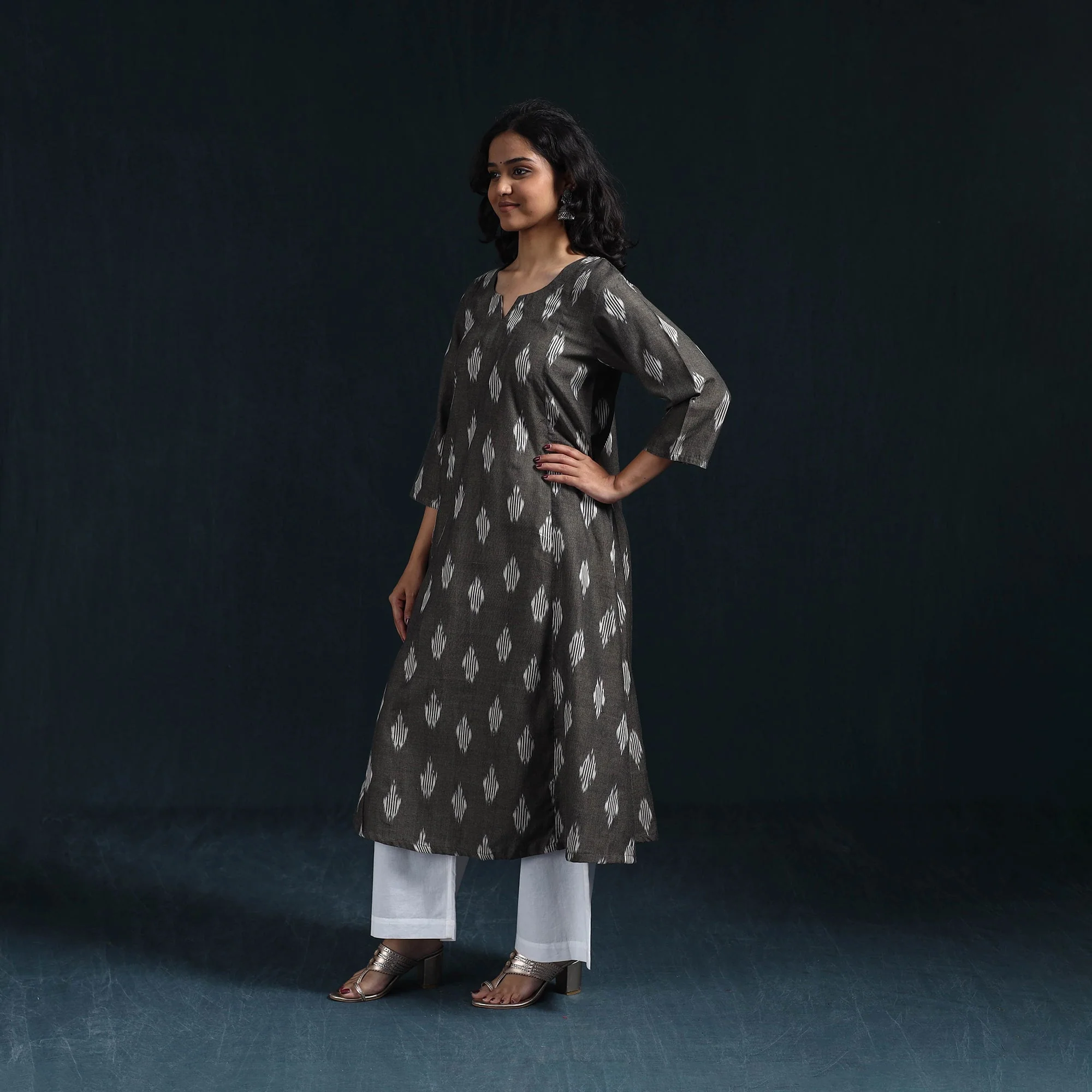 Black - Cotton A-Line Pochampally Ikat Kurta for women 03 - Image 2
