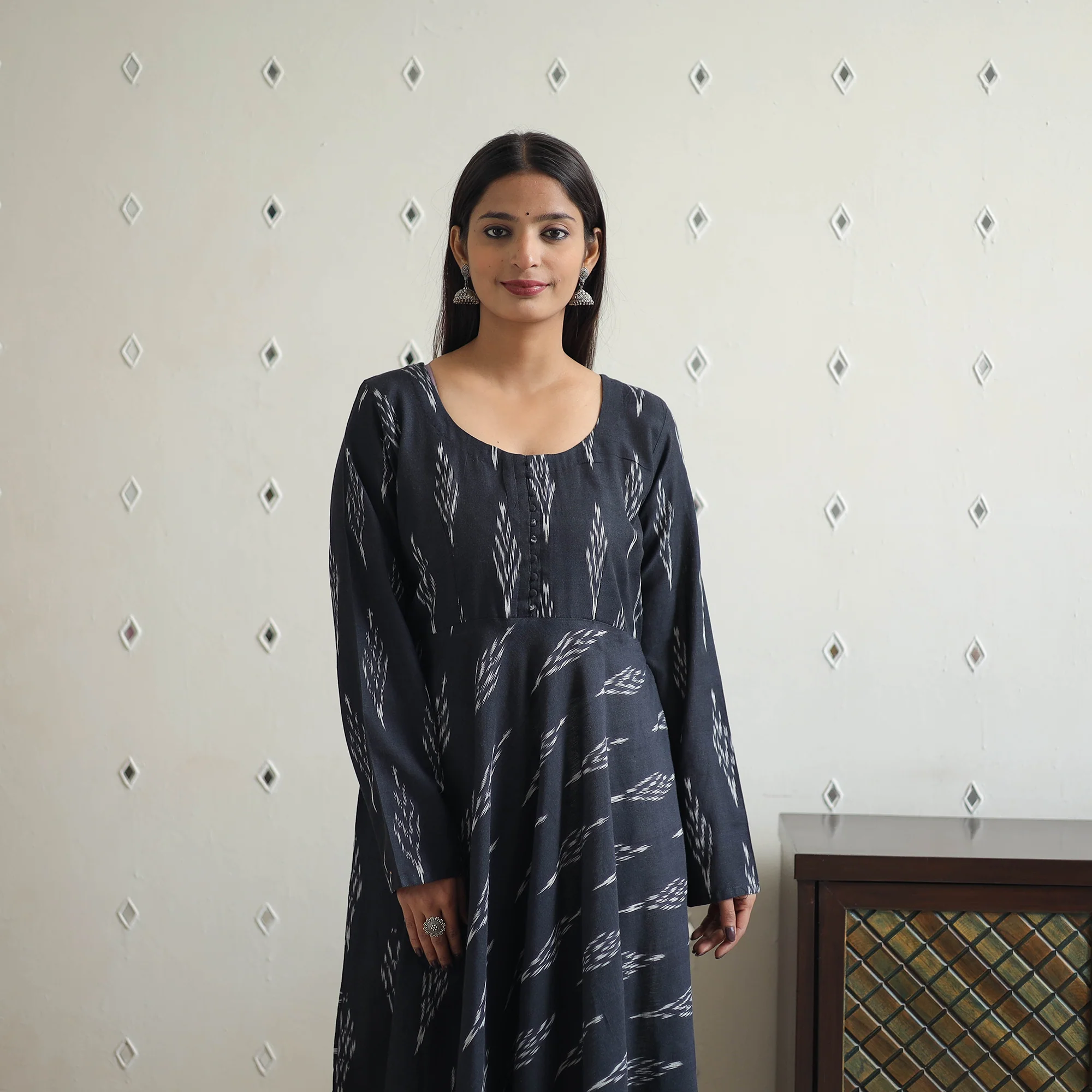 Black - Cotton Flared Pochampally Ikat Kurta 14