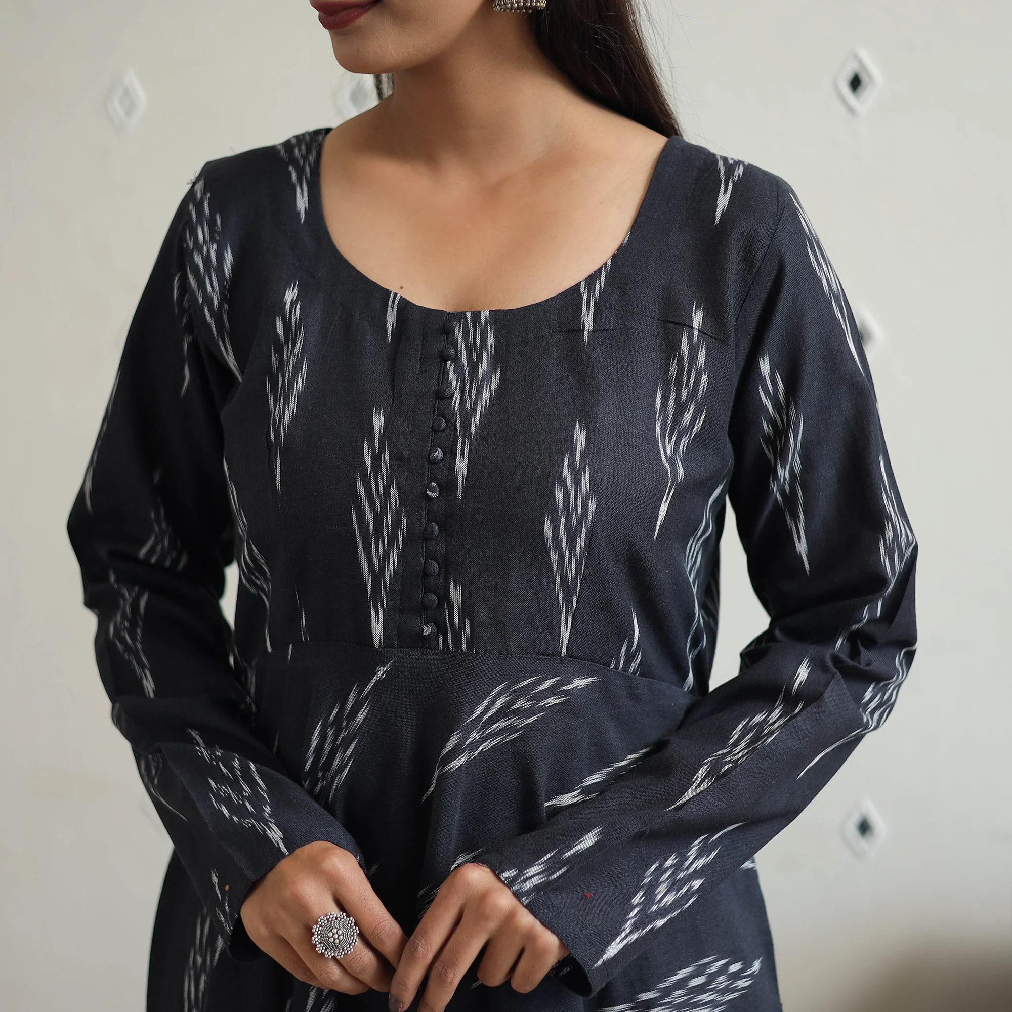 Black - Cotton Flared Pochampally Ikat Kurta 14 - Image 6