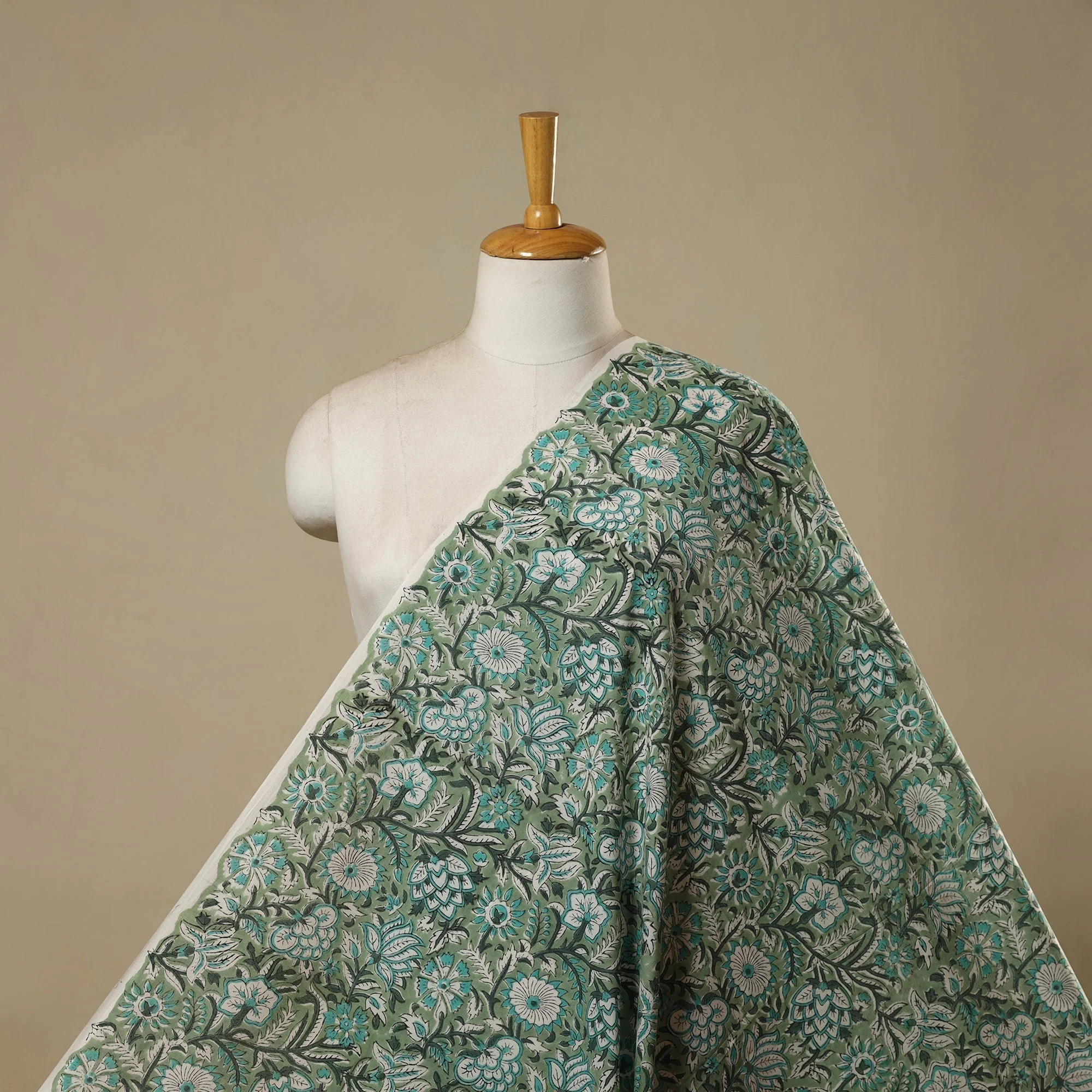 Green - Cotton Hand Block Sanganeri Print Fabric 09