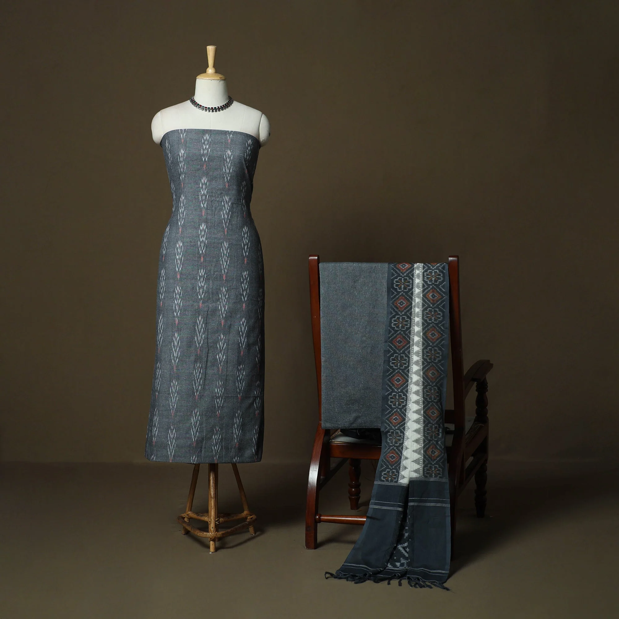 Grey - Cotton Pochampally Ikat 3pc Unstitched Dress Material 43