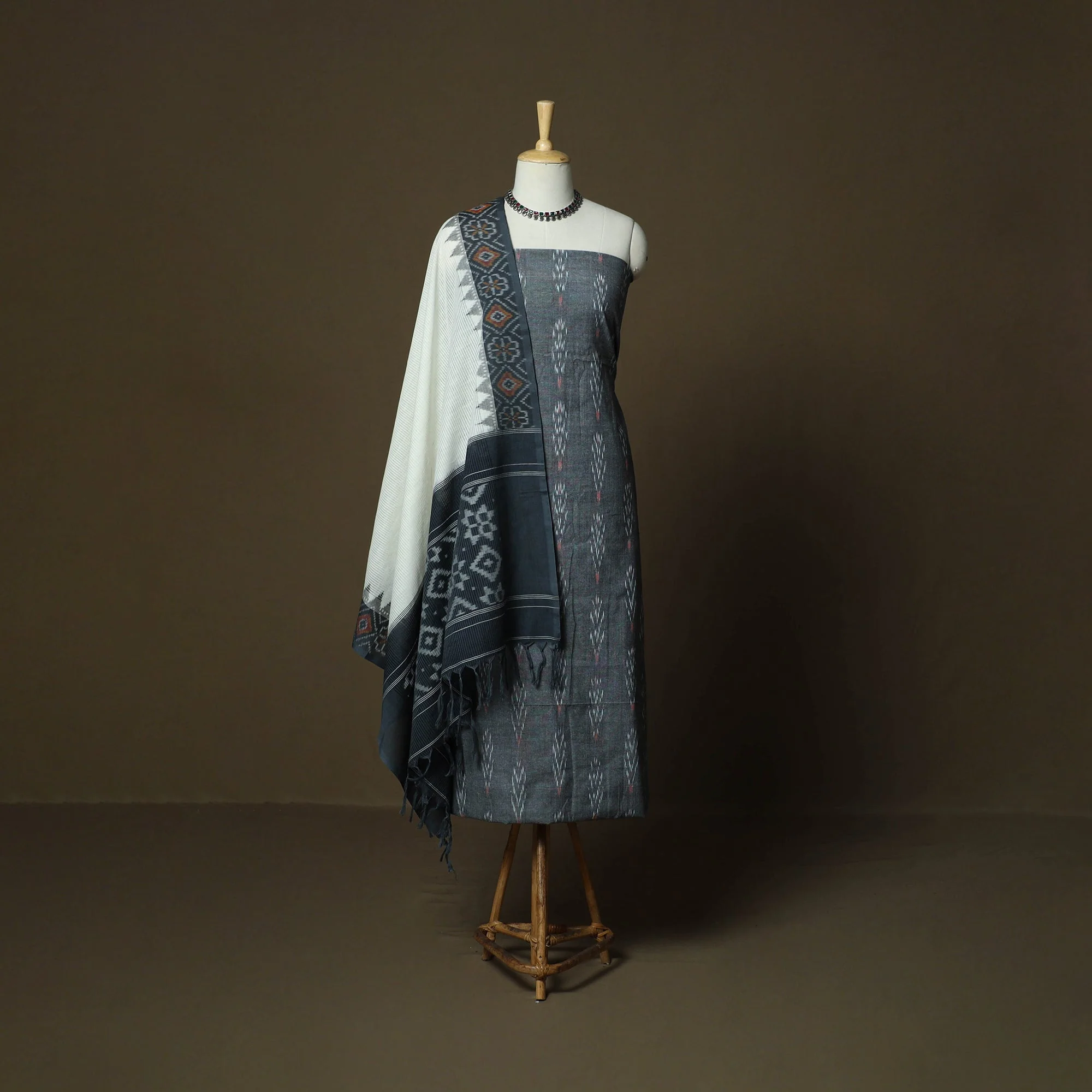 Grey - Cotton Pochampally Ikat 3pc Unstitched Dress Material 43 - Image 2