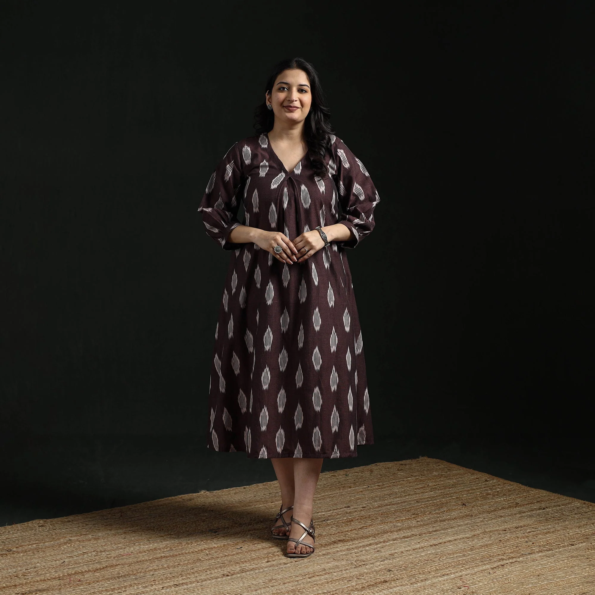 Brown - Cotton Pochampally Ikat Dress 15