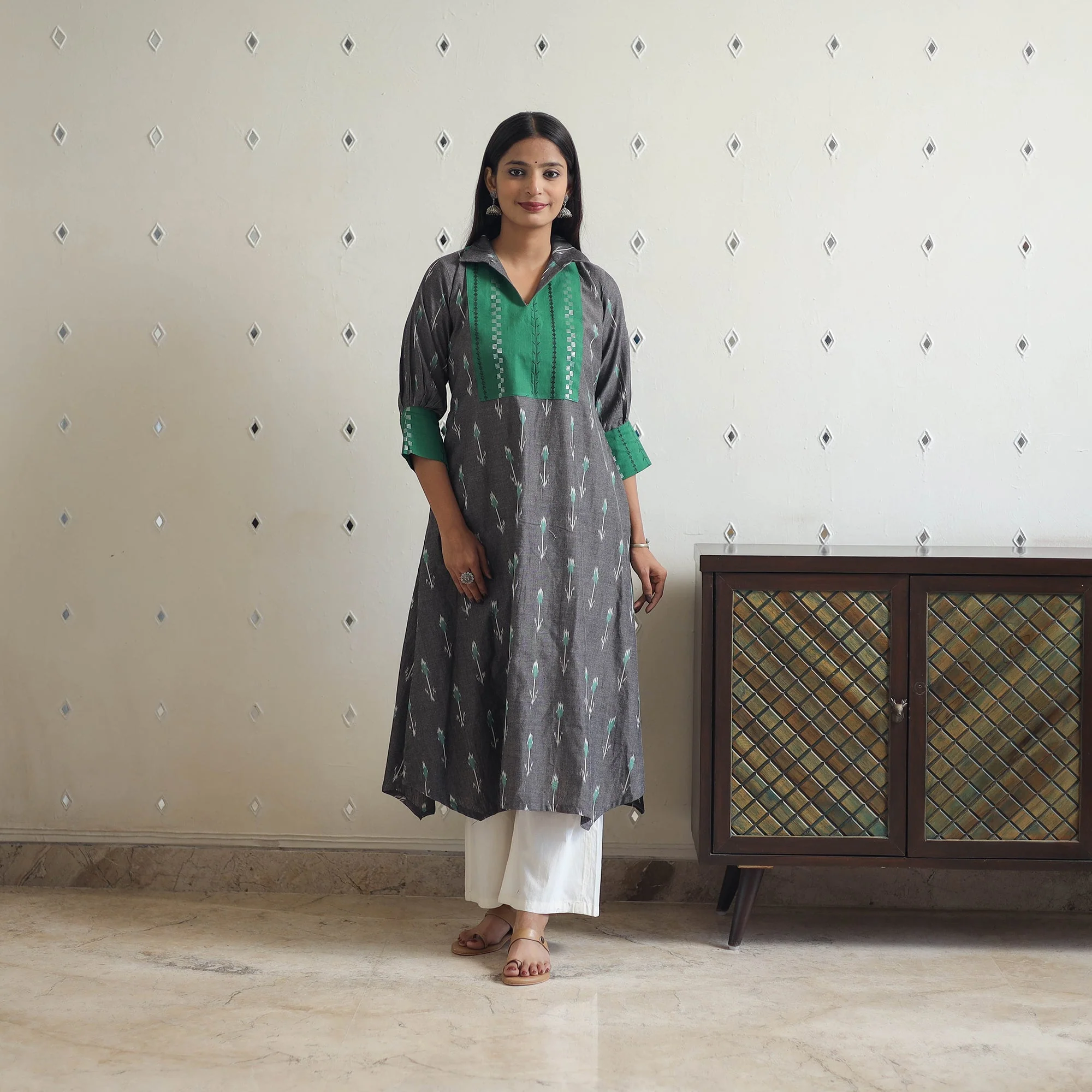 Grey - Cotton Pochampally Ikat Kurta 05 - Image 5