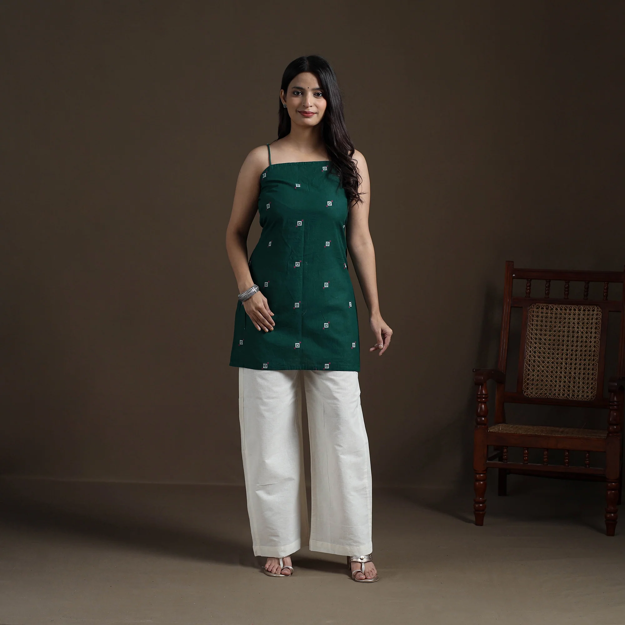 Green - Cotton Short Jacquard Kurta for Women 01