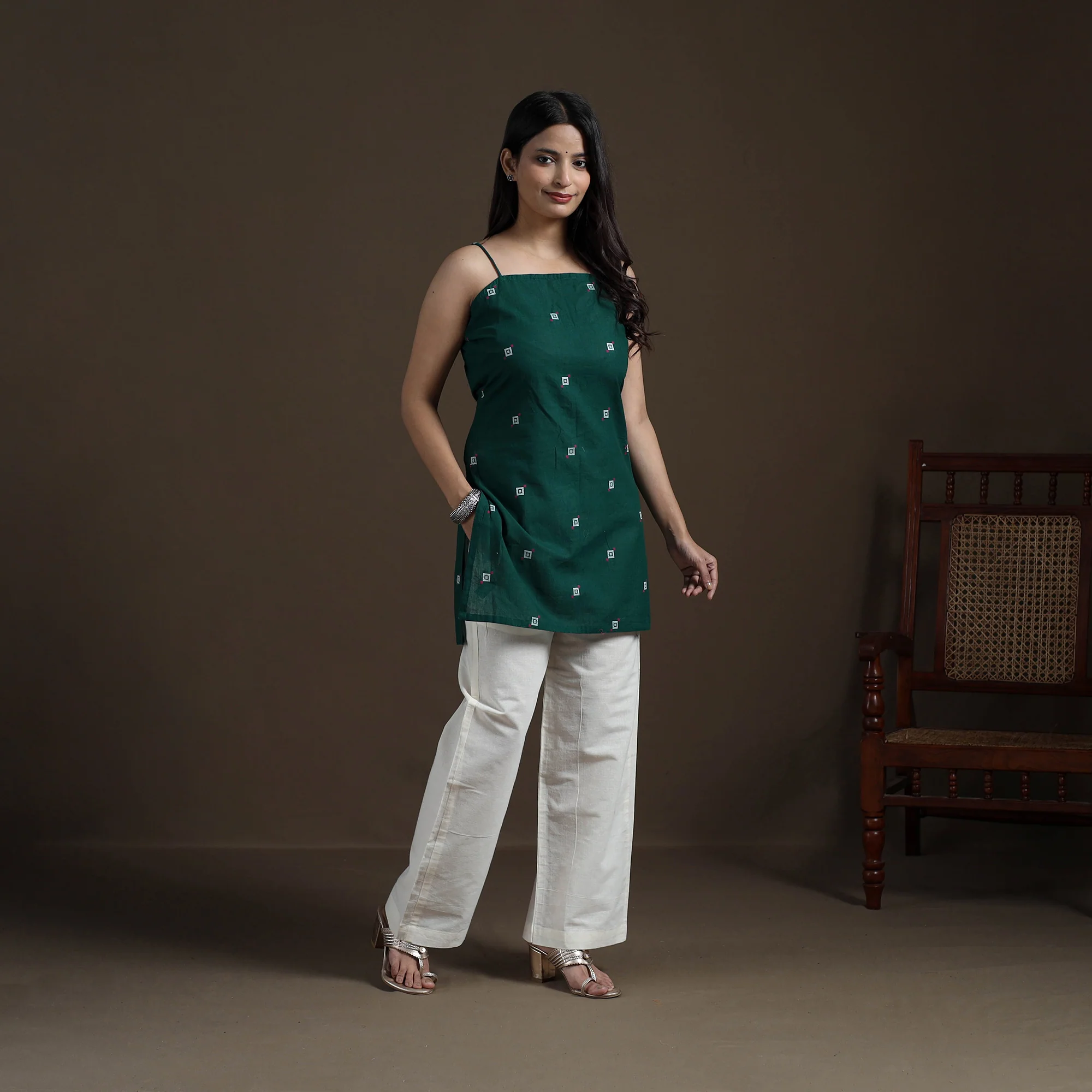 Green - Cotton Short Jacquard Kurta for Women 01 - Image 2