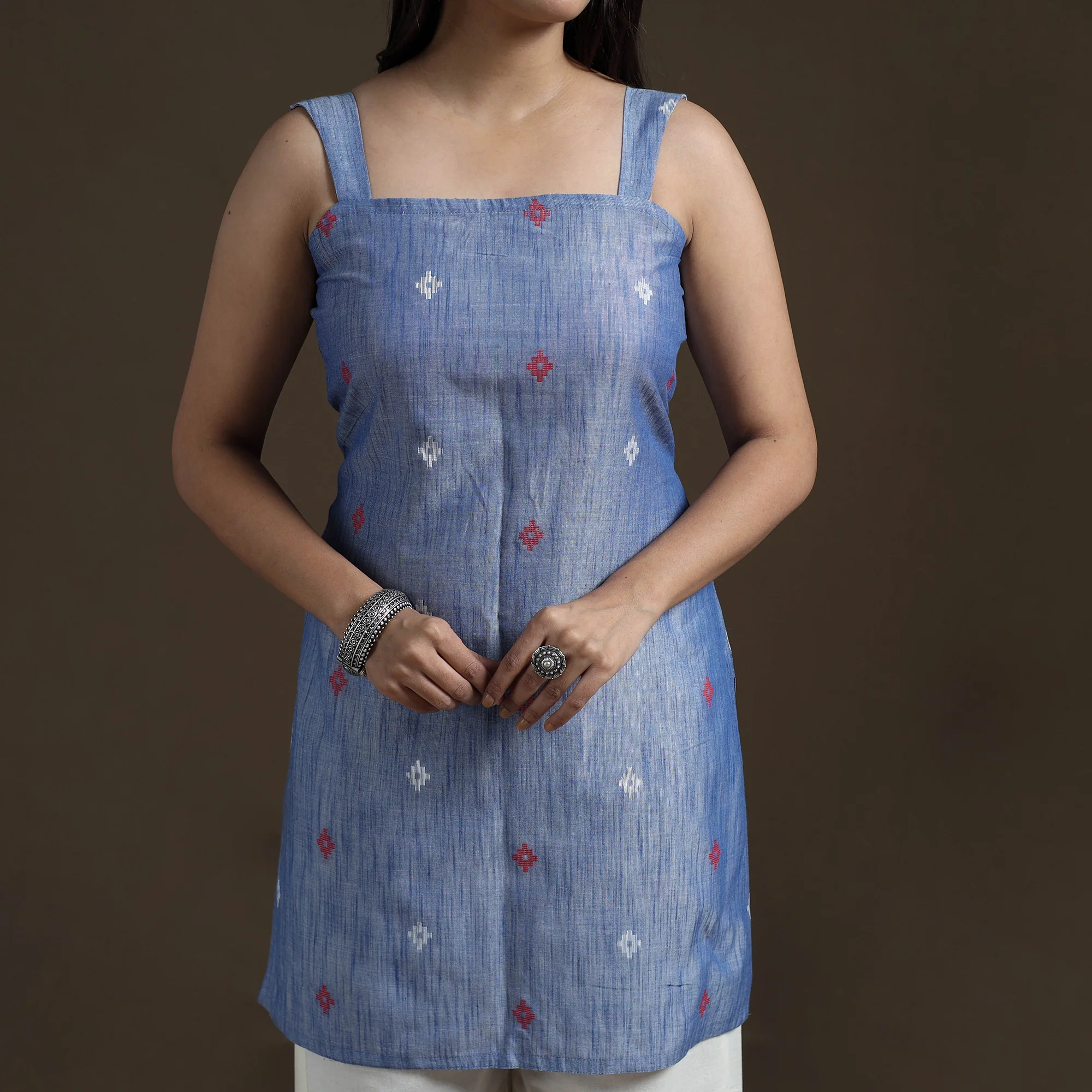 Blue - Cotton Short Jacquard Kurta for Women 06 - Image 3