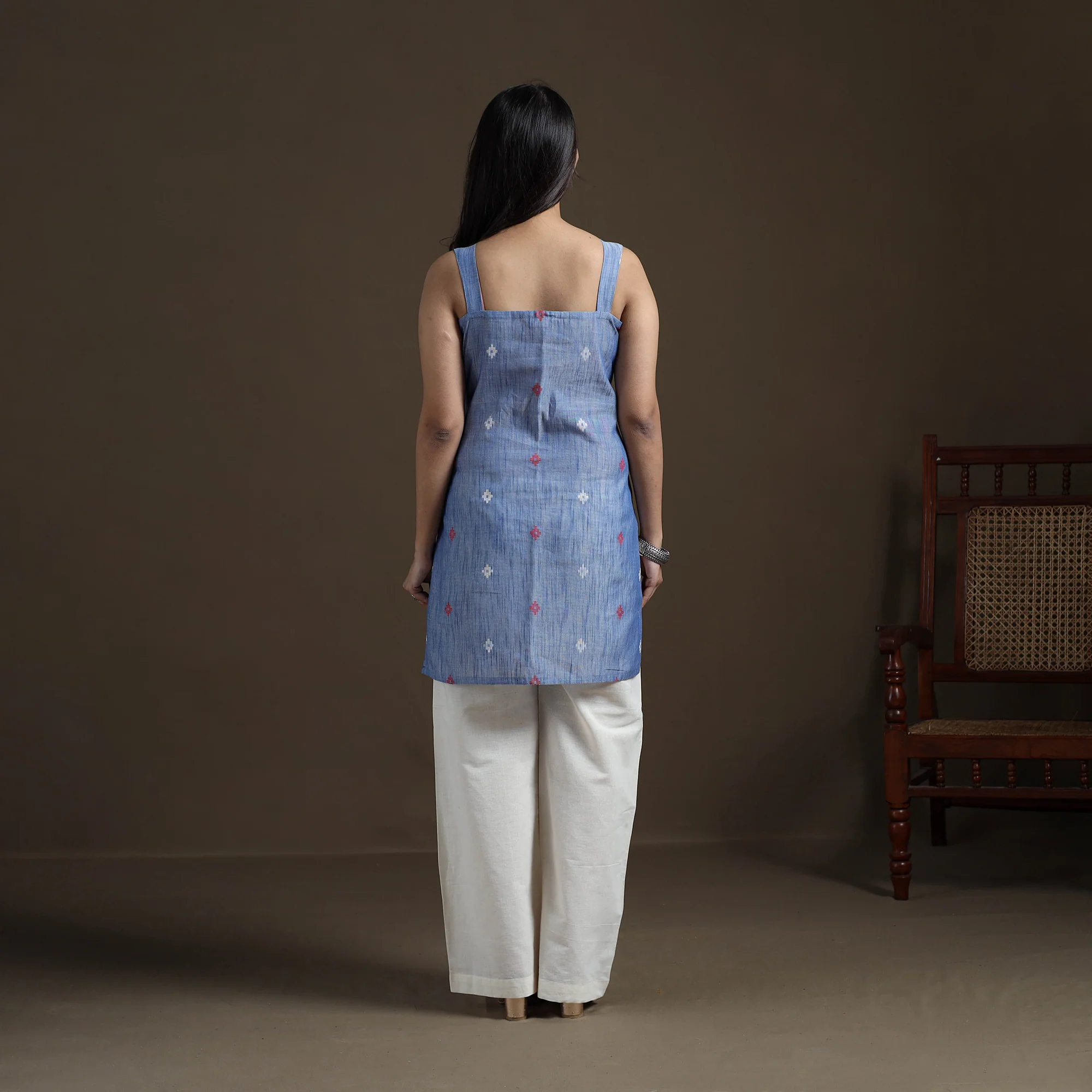 Blue - Cotton Short Jacquard Kurta for Women 06 - Image 4