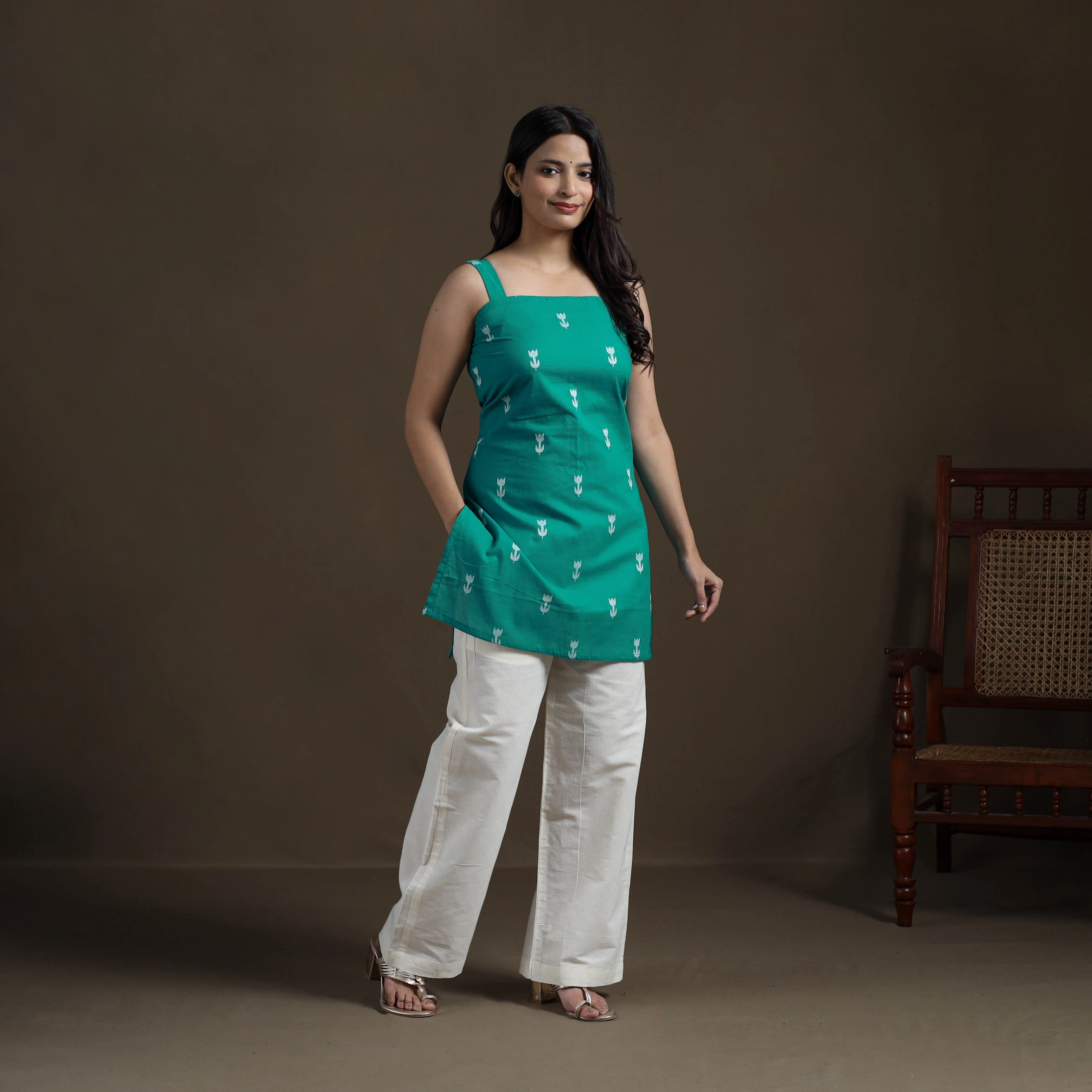 Green - Cotton Short Jacquard Kurta for Women 08 - Image 2