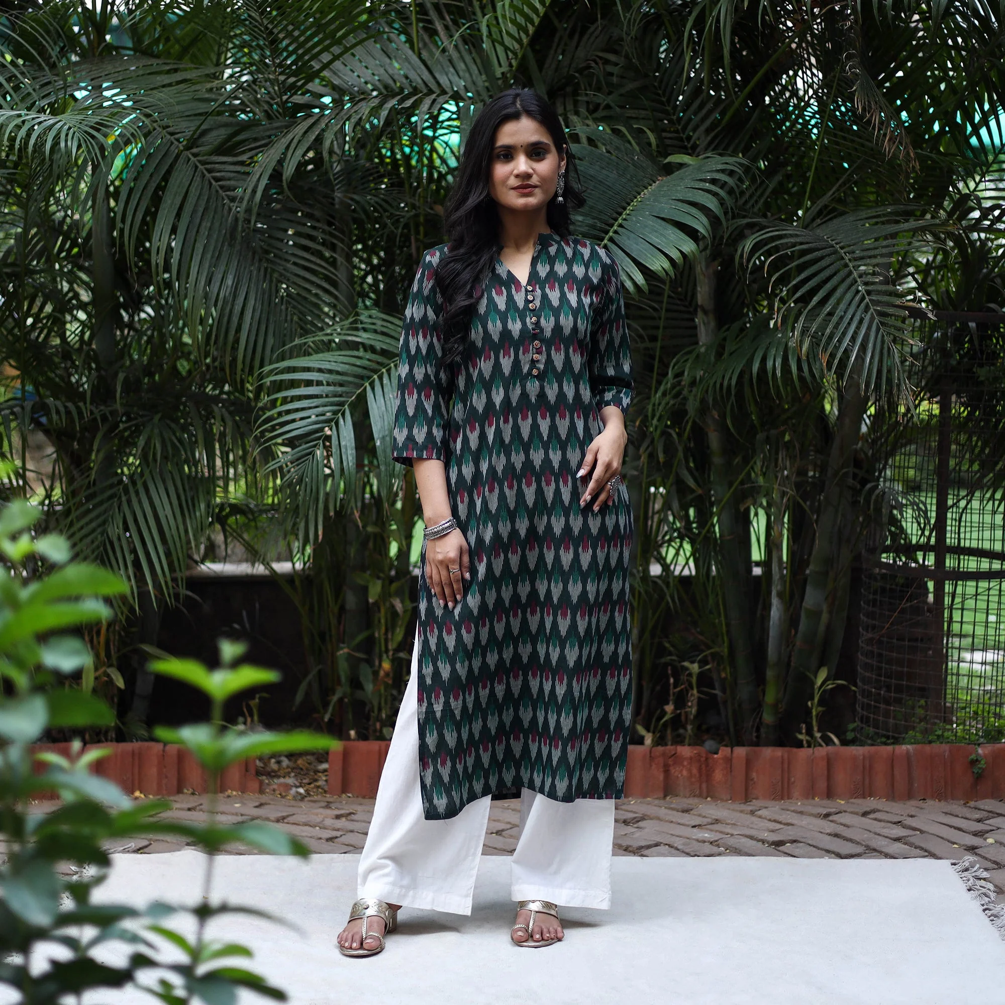 Green - Cotton Straight Pochampally Ikat Kurta 13