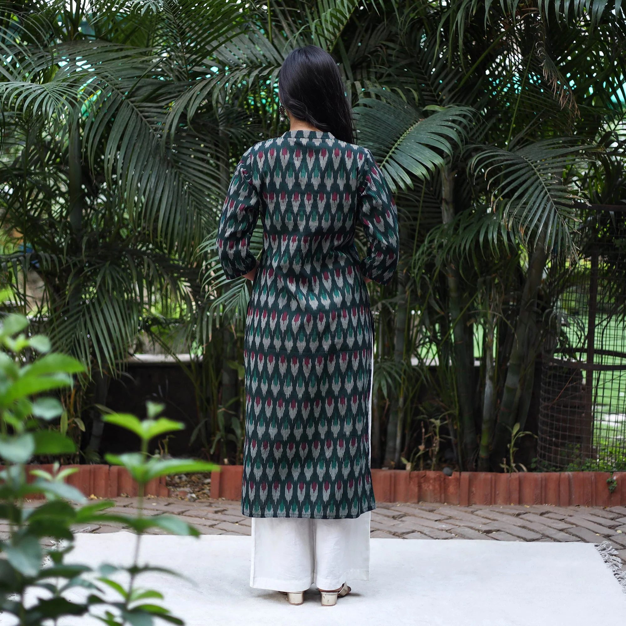 Green - Cotton Straight Pochampally Ikat Kurta 13 - Image 4