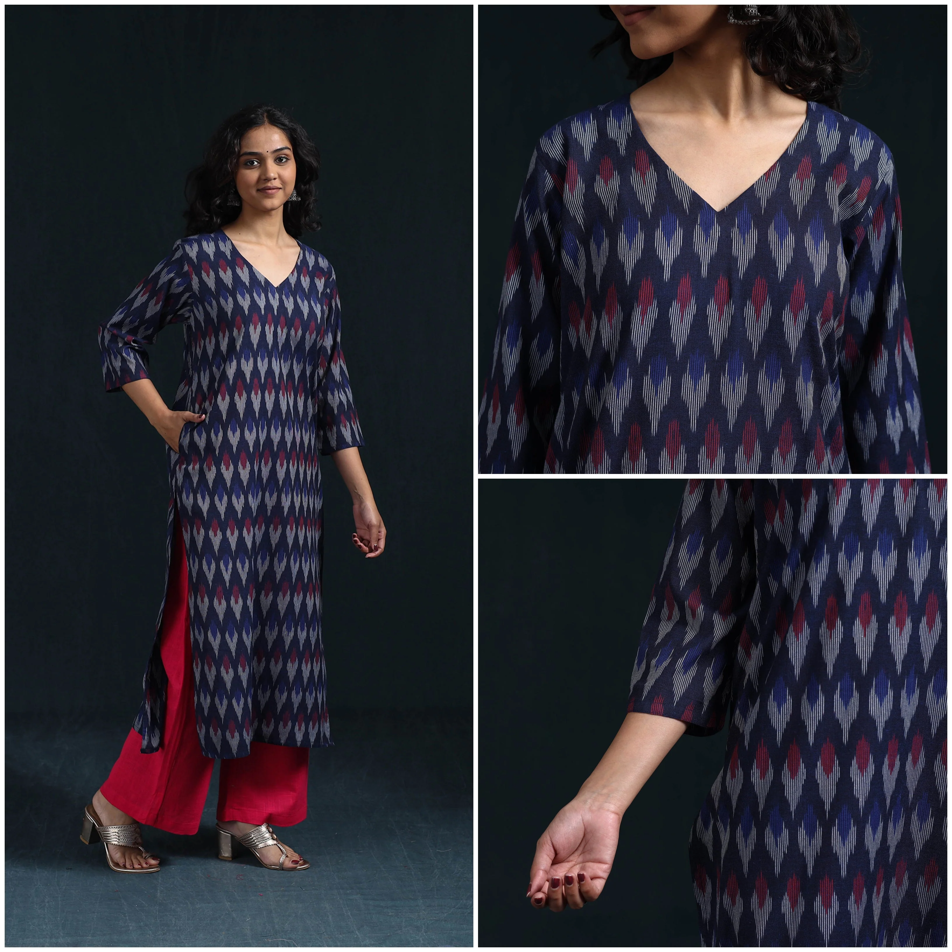 Blue - Cotton Straight Pochampally Ikat Kurta for women 10 - Image 4