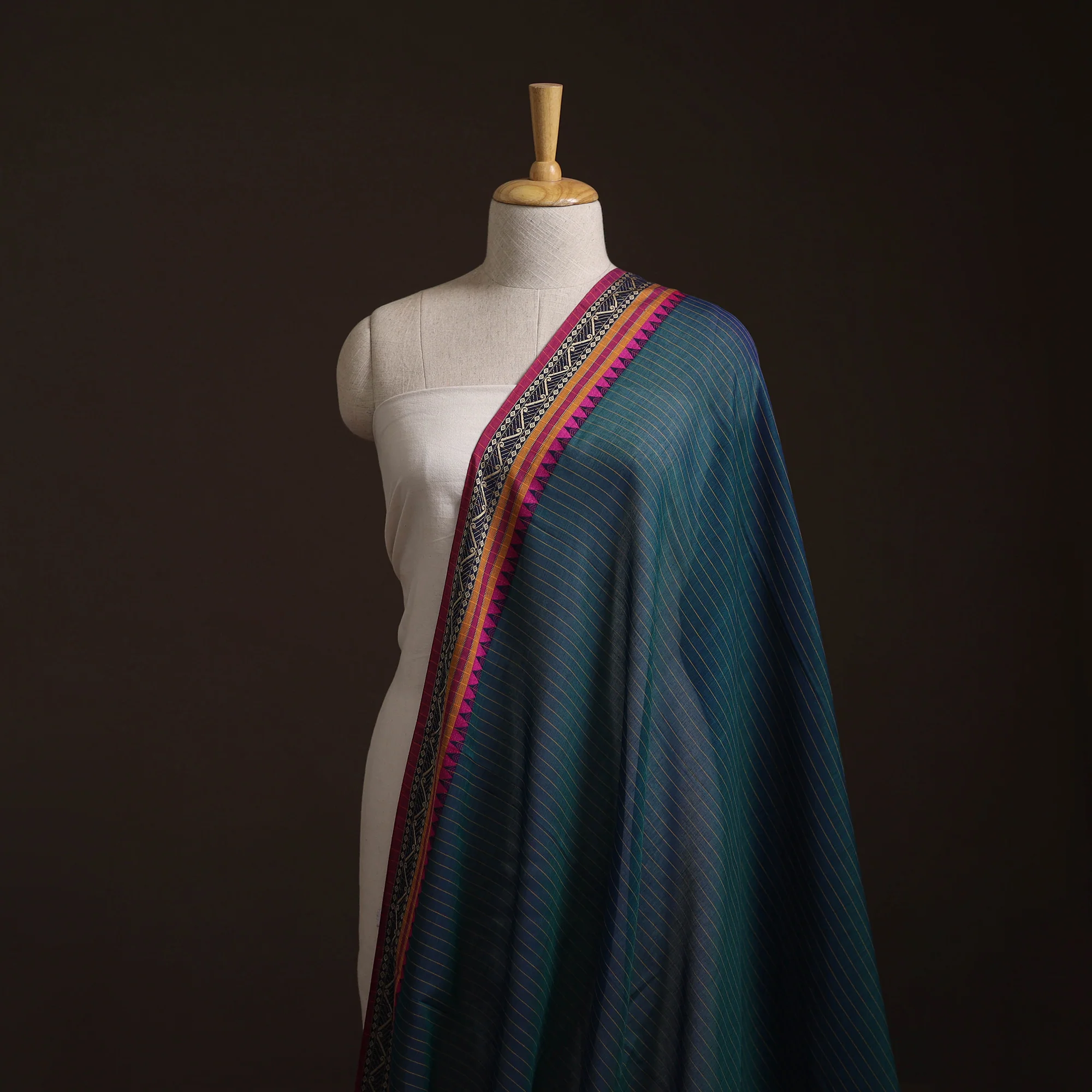 Blue - Dharwad Checks Cotton Fabric with Border 02