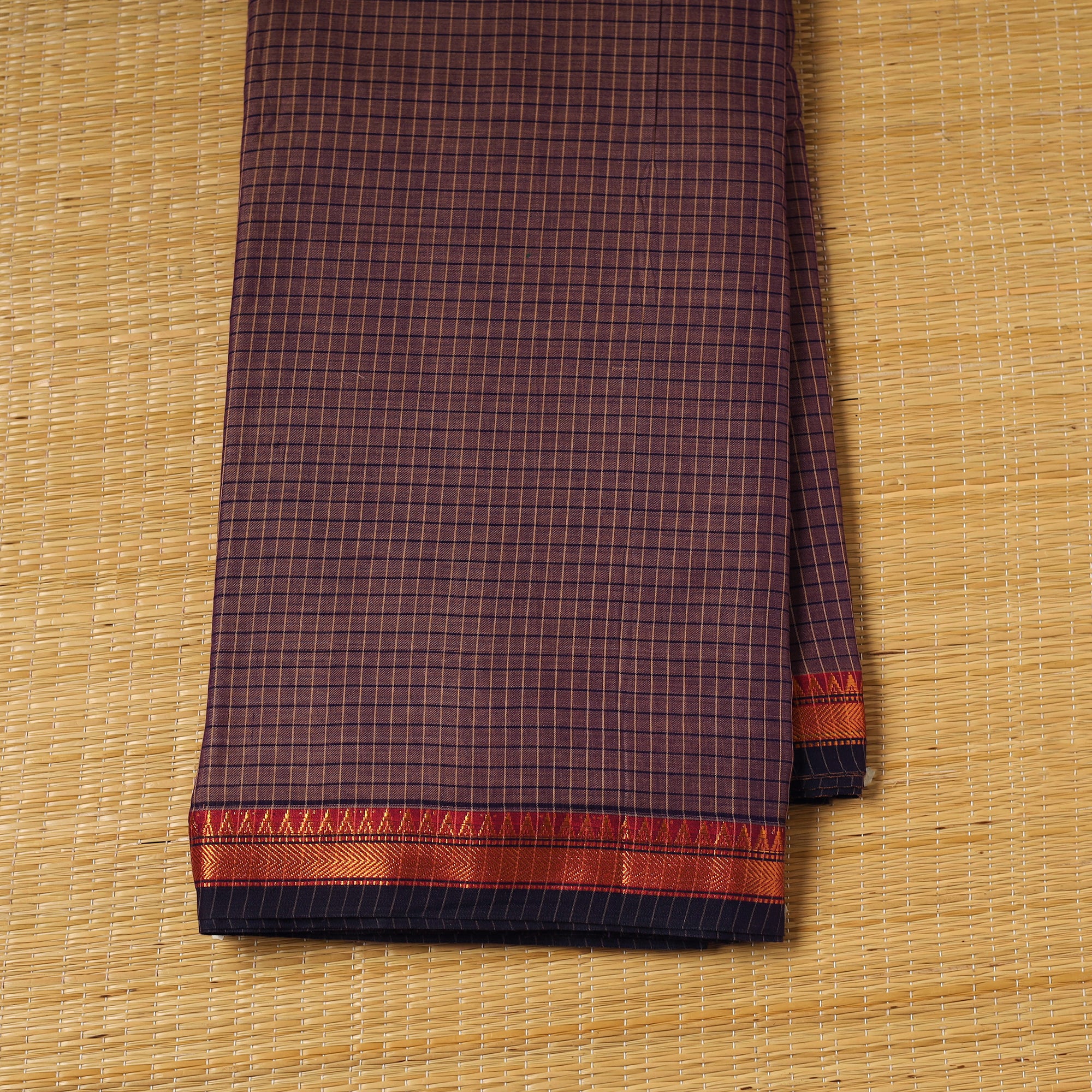 Brown - Dharwad Checks Cotton Fabric with Border 08 - Image 2
