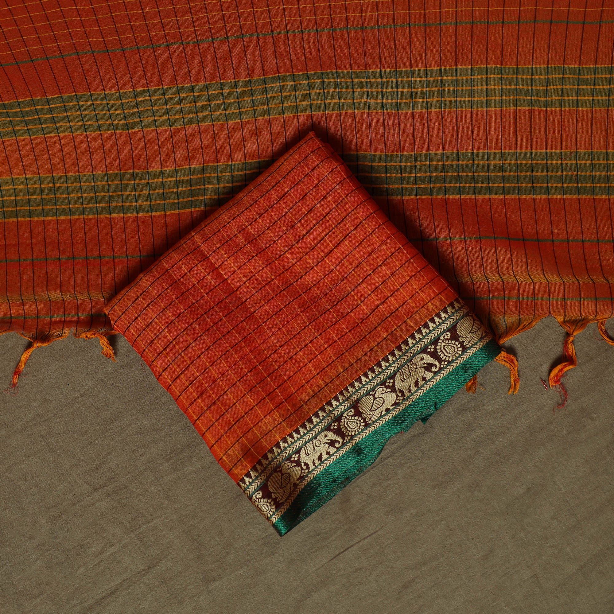Orange - Dharwad Checks Mercerised Cotton 3pc Unstitched Dress Material Suit Set with Woven Border 09 - Image 5
