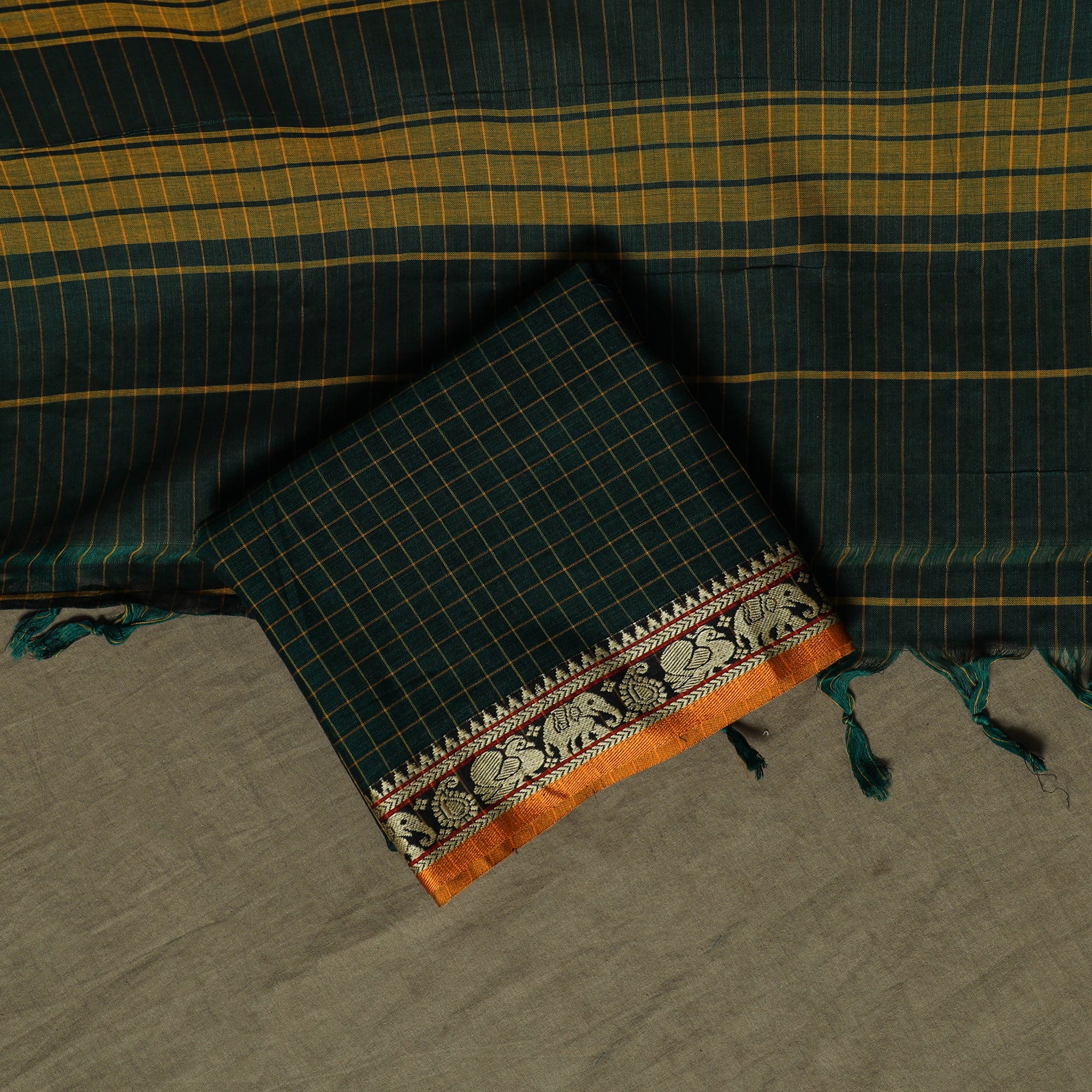 Green - Dharwad Checks Mercerised Cotton 3pc Unstitched Dress Material Suit Set with Woven Border 10 - Image 5