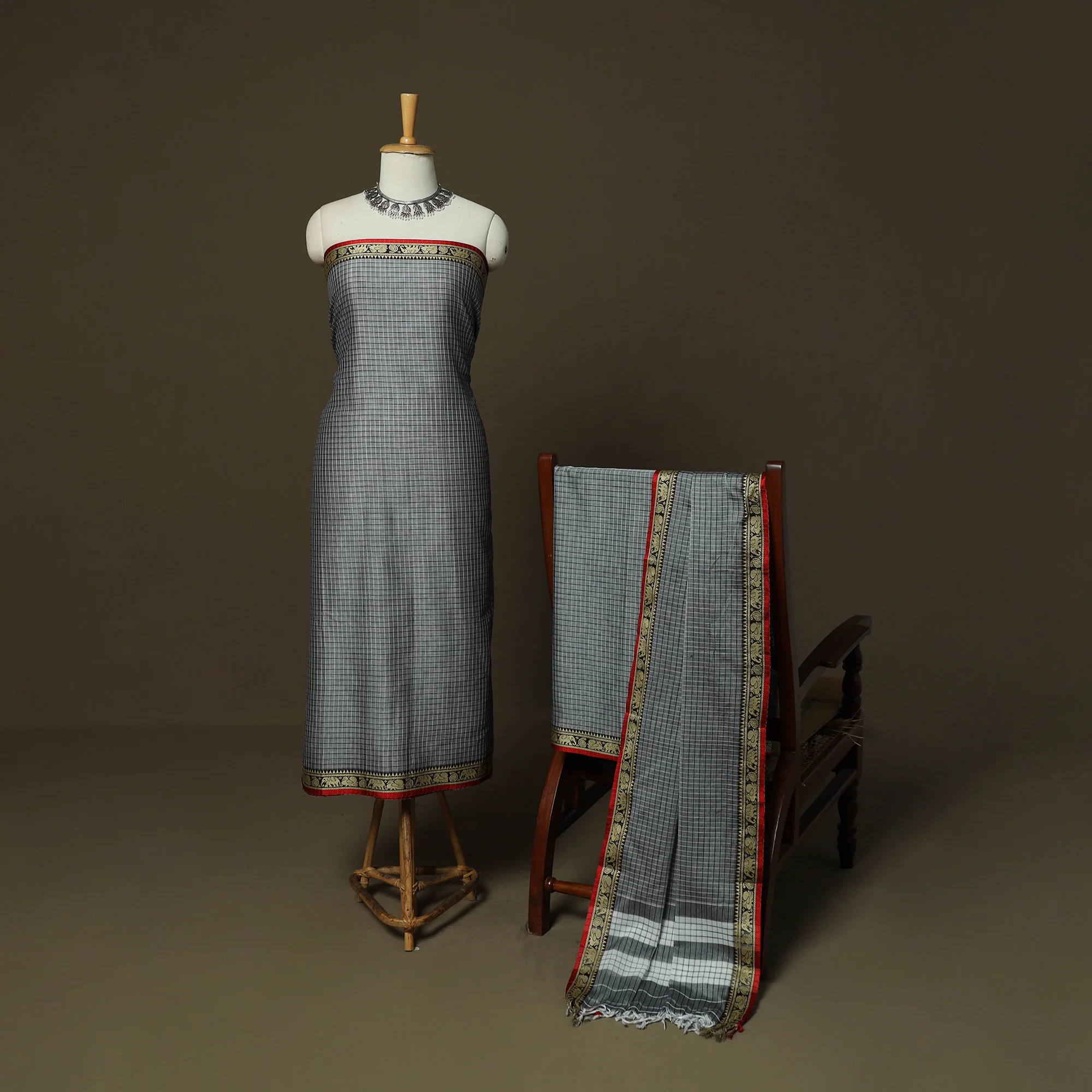 Grey - Dharwad Checks Mercerised Cotton 3pc Unstitched Dress Material Suit Set with Woven Border 13 - Image 2