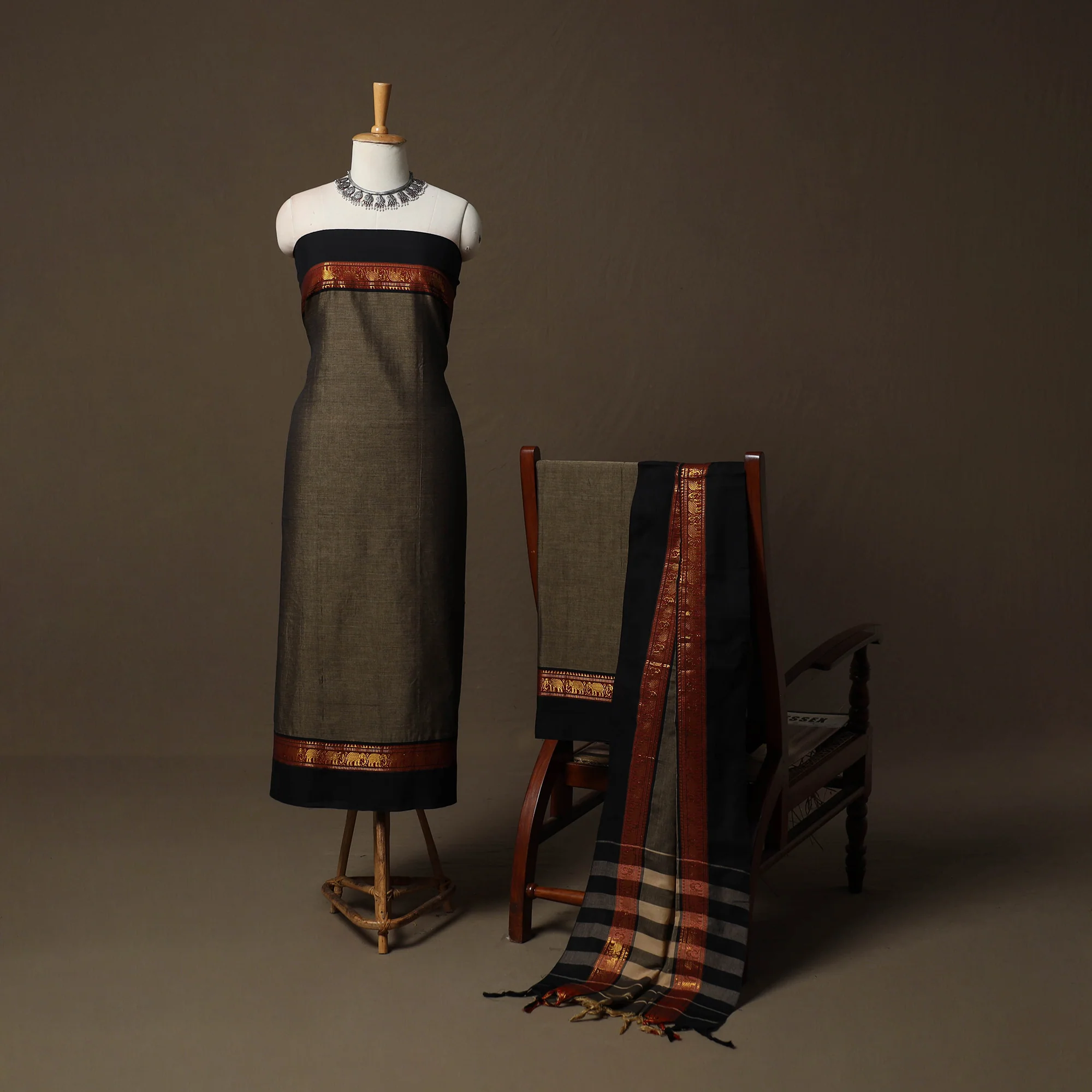 Brown - Dharwad Cotton 3pc Unstitched Dress Material Suit Set with Woven Border 05 - Image 2