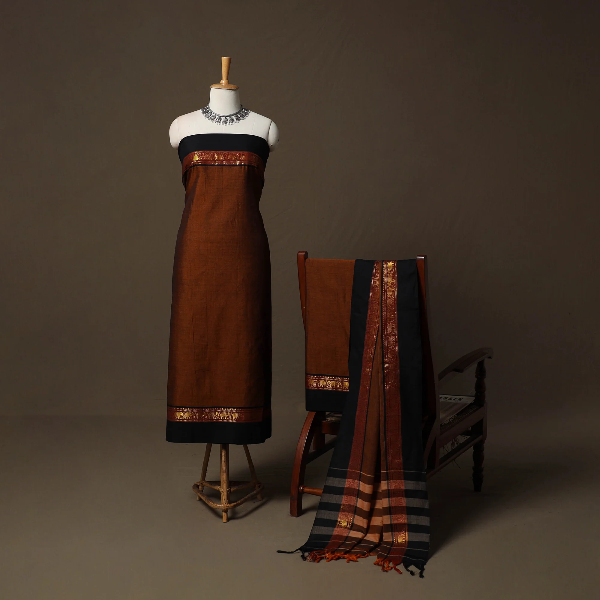 Orange - Dharwad Cotton 3pc Unstitched Dress Material Suit Set with Woven Border 07 - Image 2