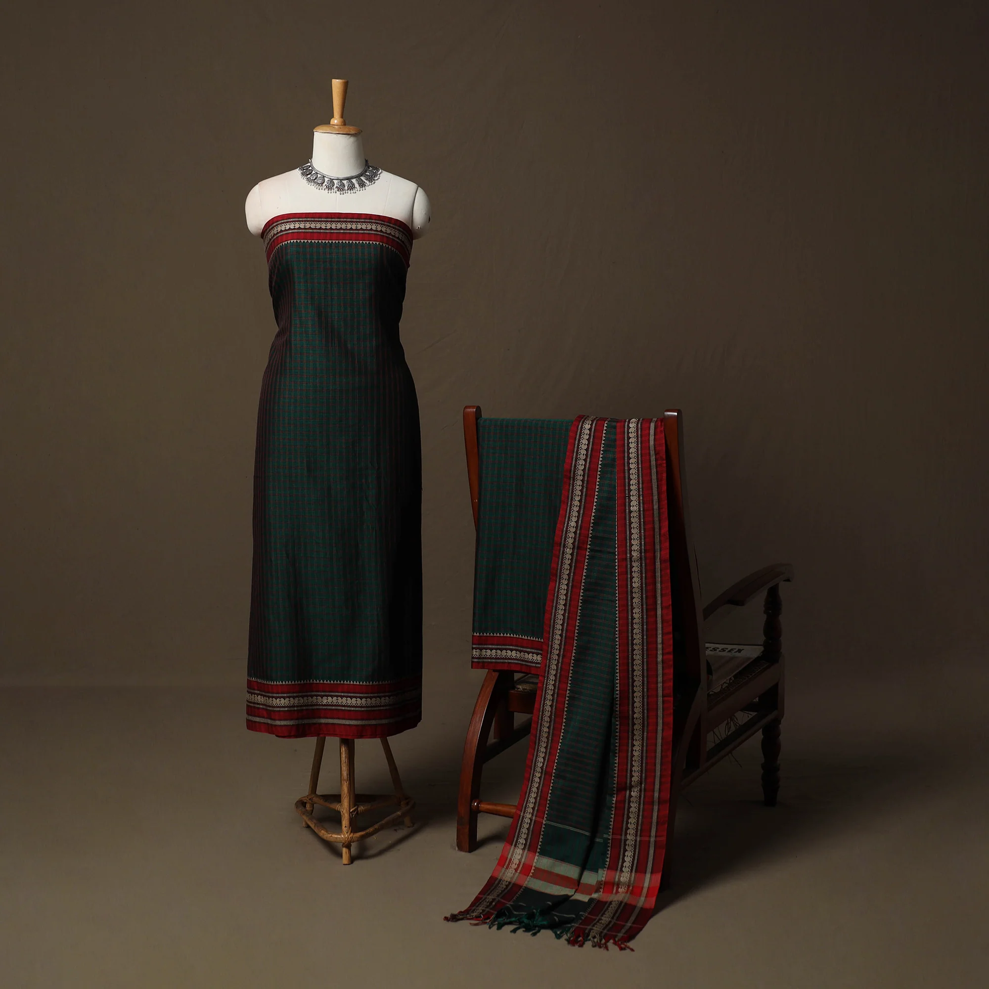 Green - Dharwad Cotton 3pc Unstitched Dress Material Suit Set with Woven Border 17 - Image 2
