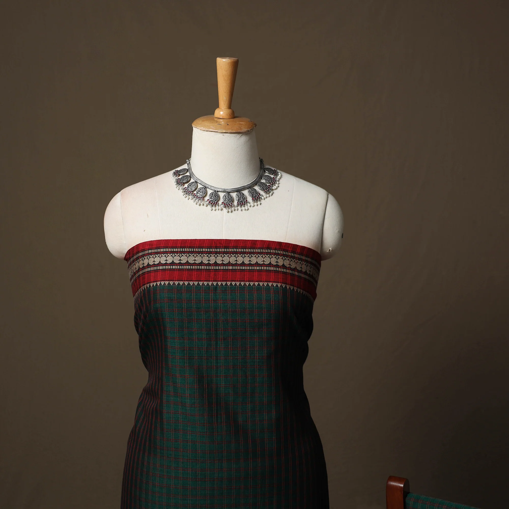 Green - Dharwad Cotton 3pc Unstitched Dress Material Suit Set with Woven Border 17 - Image 3
