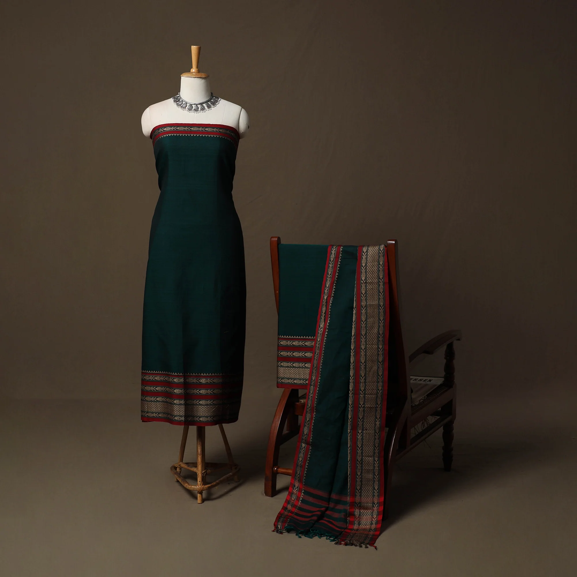Green - Dharwad Cotton 3pc Unstitched Dress Material Suit Set with Woven Border 18 - Image 2