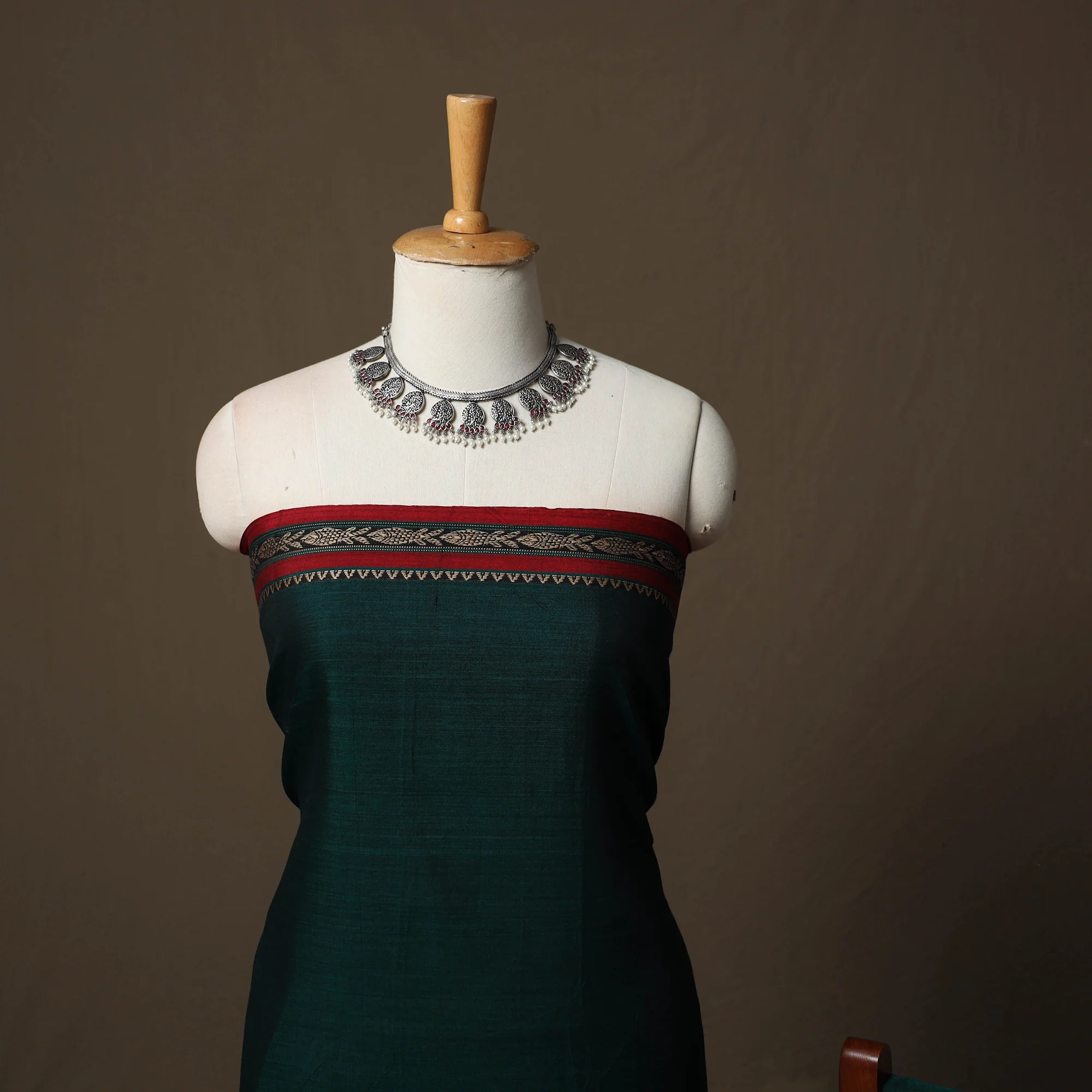 Green - Dharwad Cotton 3pc Unstitched Dress Material Suit Set with Woven Border 18 - Image 3