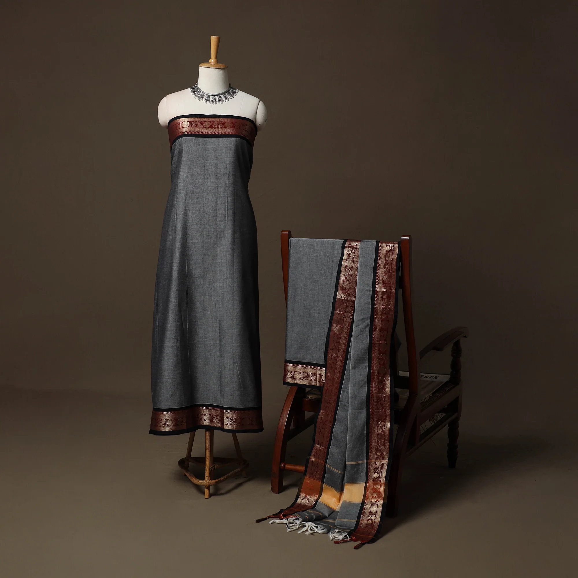 Grey - Dharwad Cotton 3pc Unstitched Dress Material Suit Set with Woven Border 25 - Image 2