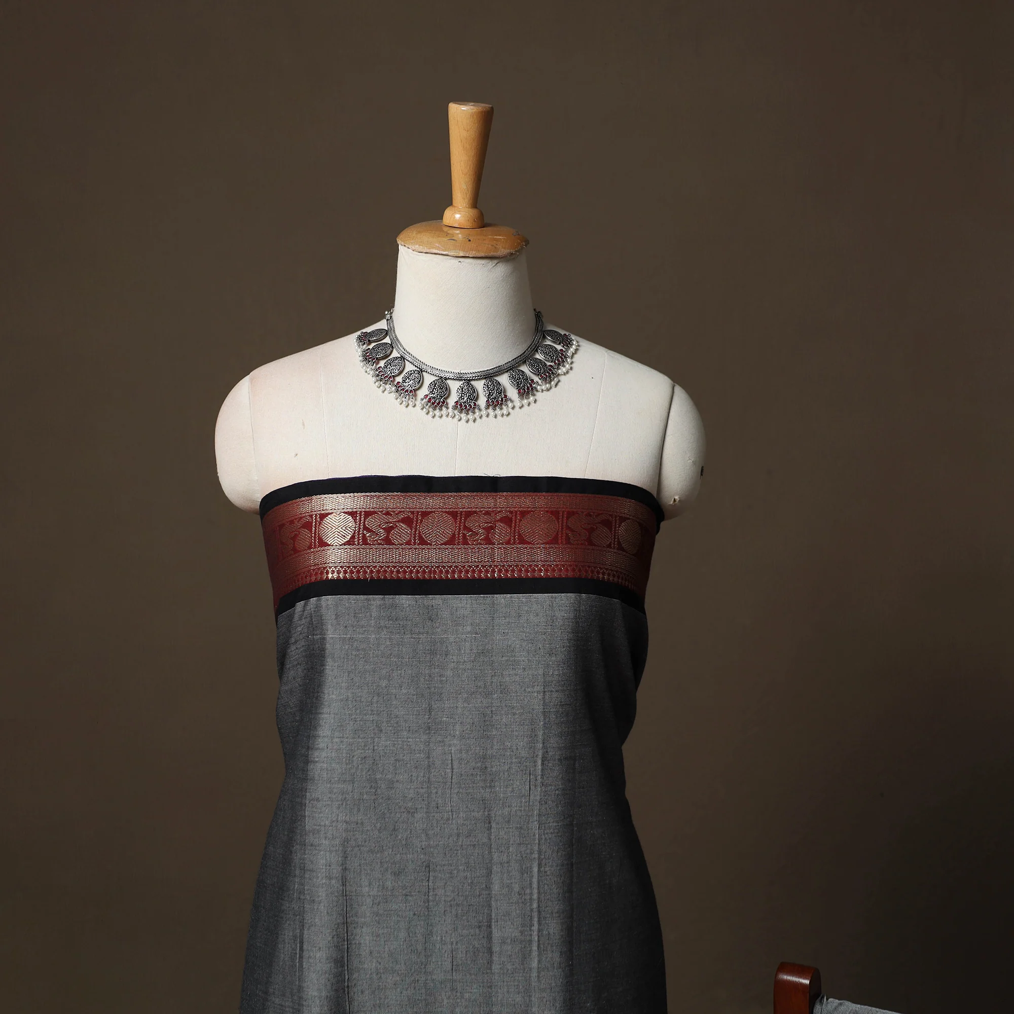 Grey - Dharwad Cotton 3pc Unstitched Dress Material Suit Set with Woven Border 25 - Image 3