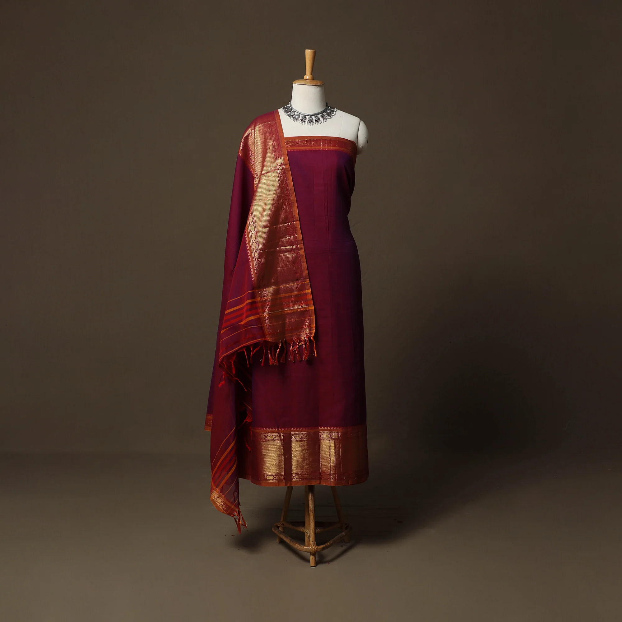Purple - Dharwad Cotton 3pc Unstitched Dress Material Suit Set with Woven Border 26