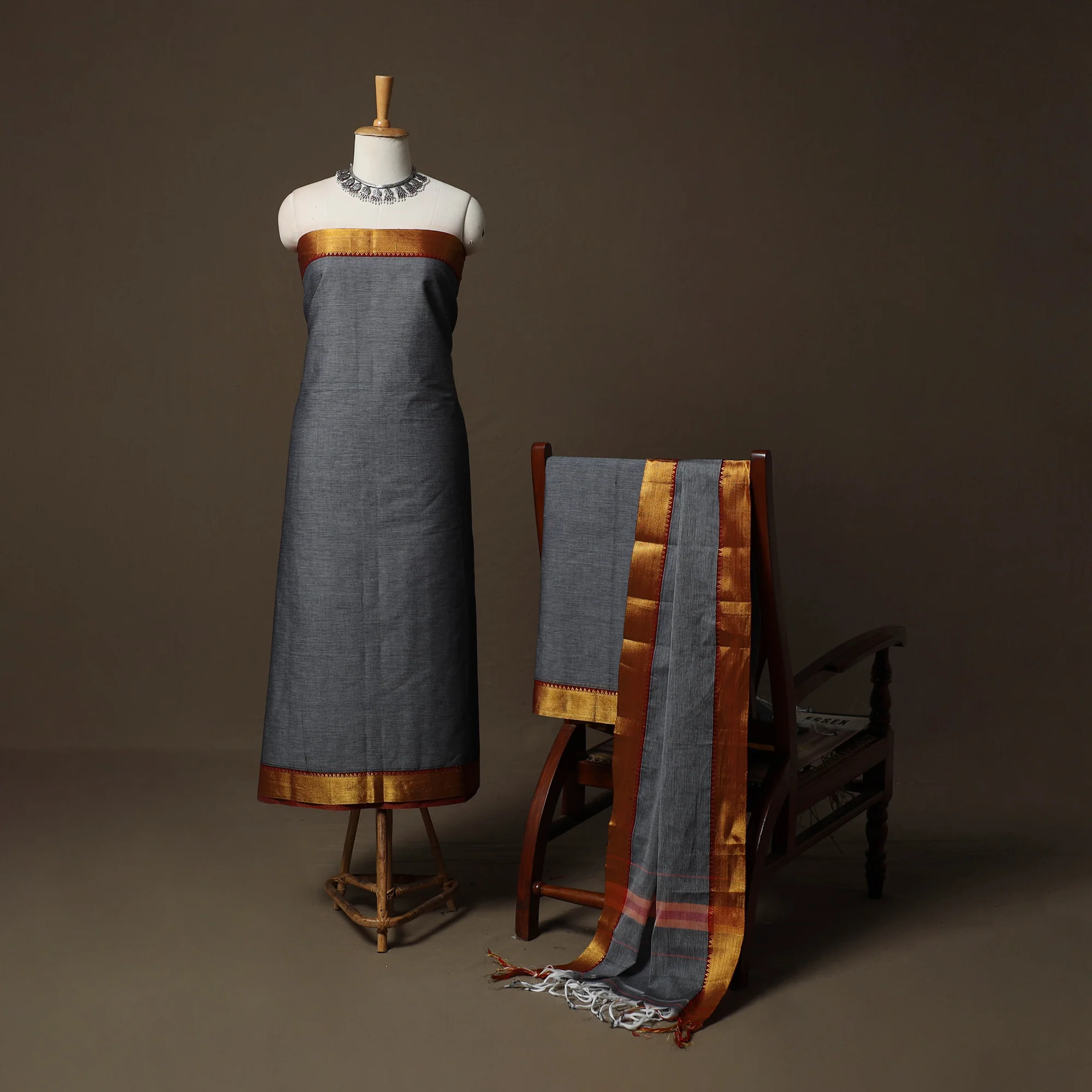 Grey - Dharwad Cotton 3pc Unstitched Dress Material Suit Set with Woven Border 36 - Image 2