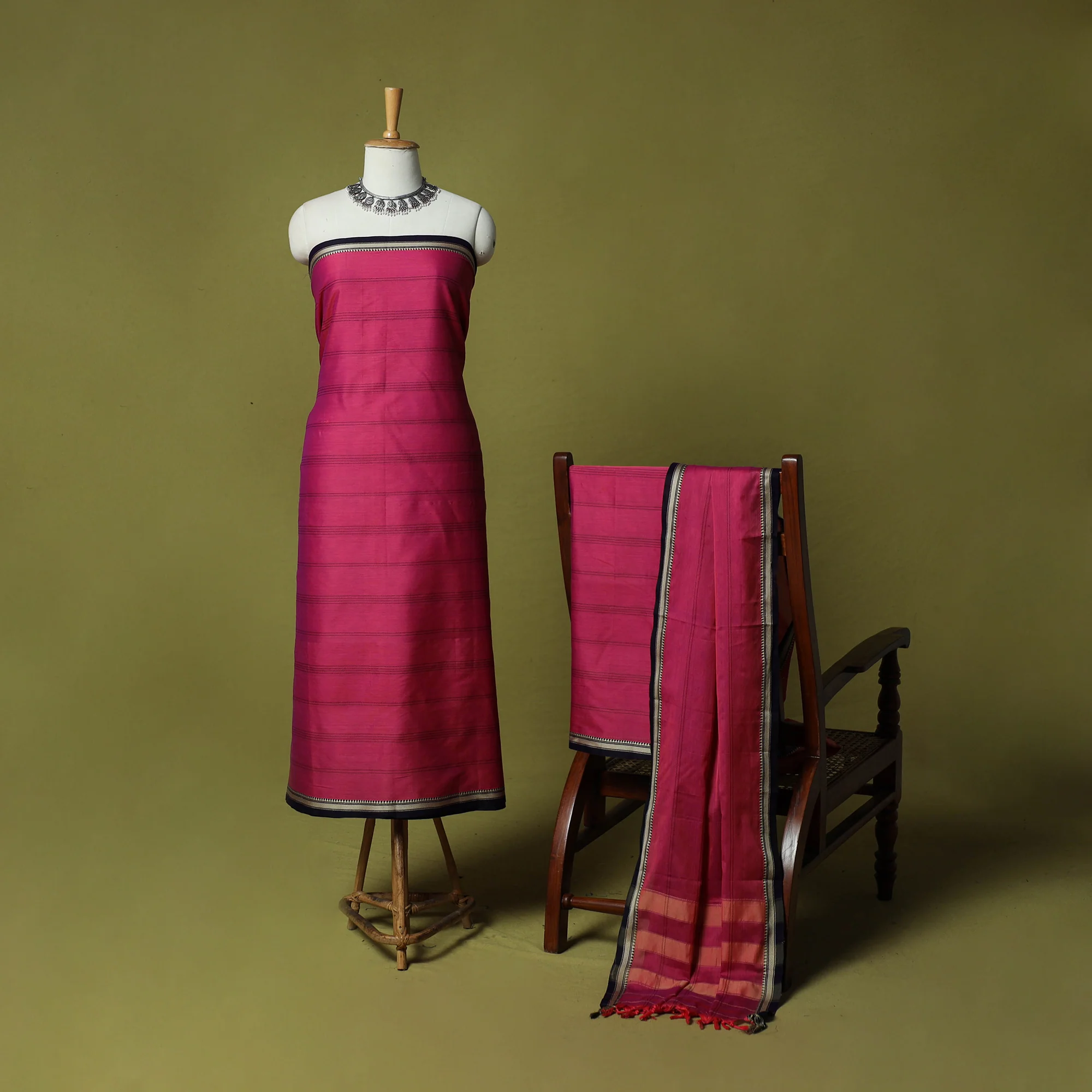 Pink - Dharwad Cotton 3pc Unstitched Dress Material Suit Set with Woven Border 41 - Image 2