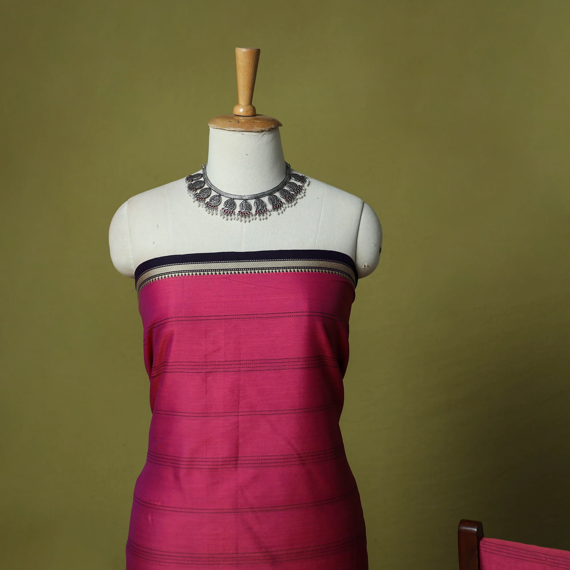 Pink - Dharwad Cotton 3pc Unstitched Dress Material Suit Set with Woven Border 41 - Image 3