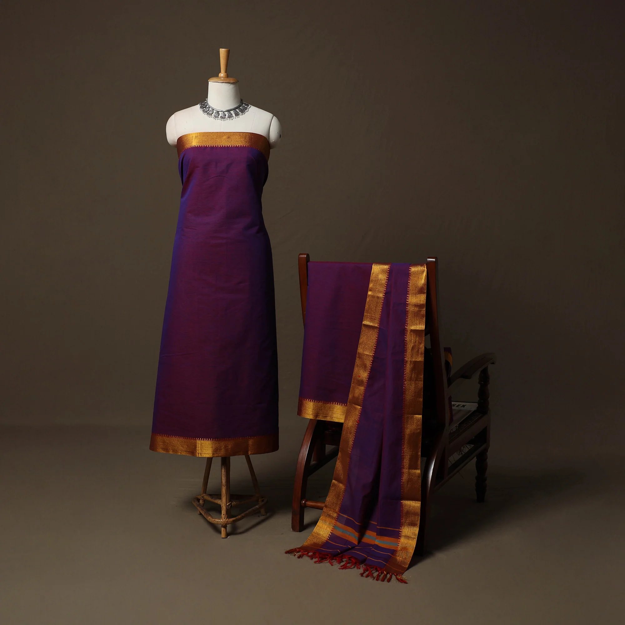 Purple - Dharwad Cotton 3pc Unstitched Dress Material Suit Set with Woven Border 41 - Image 2