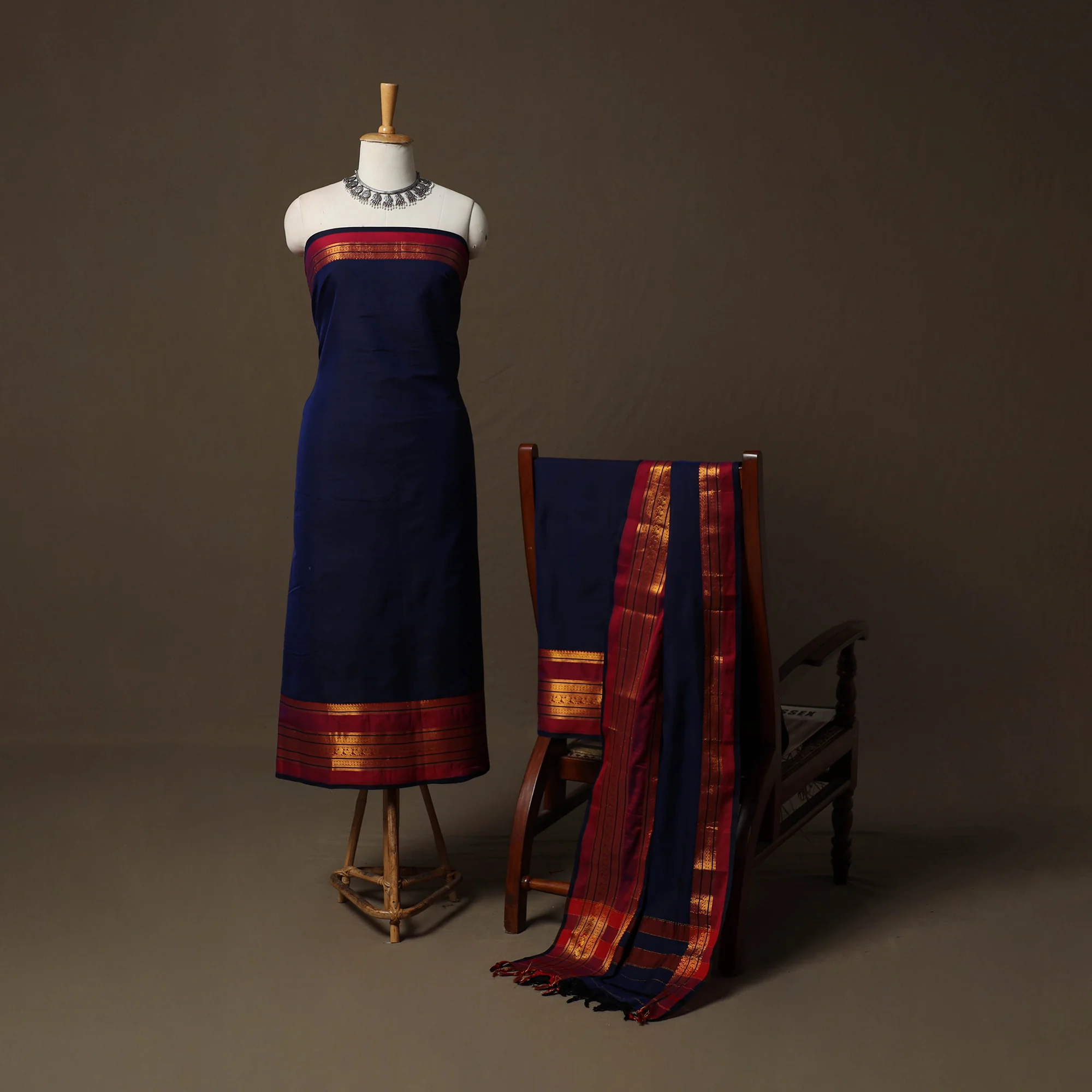 Blue - Dharwad Cotton 3pc Unstitched Dress Material Suit Set with Woven Border 43 - Image 2