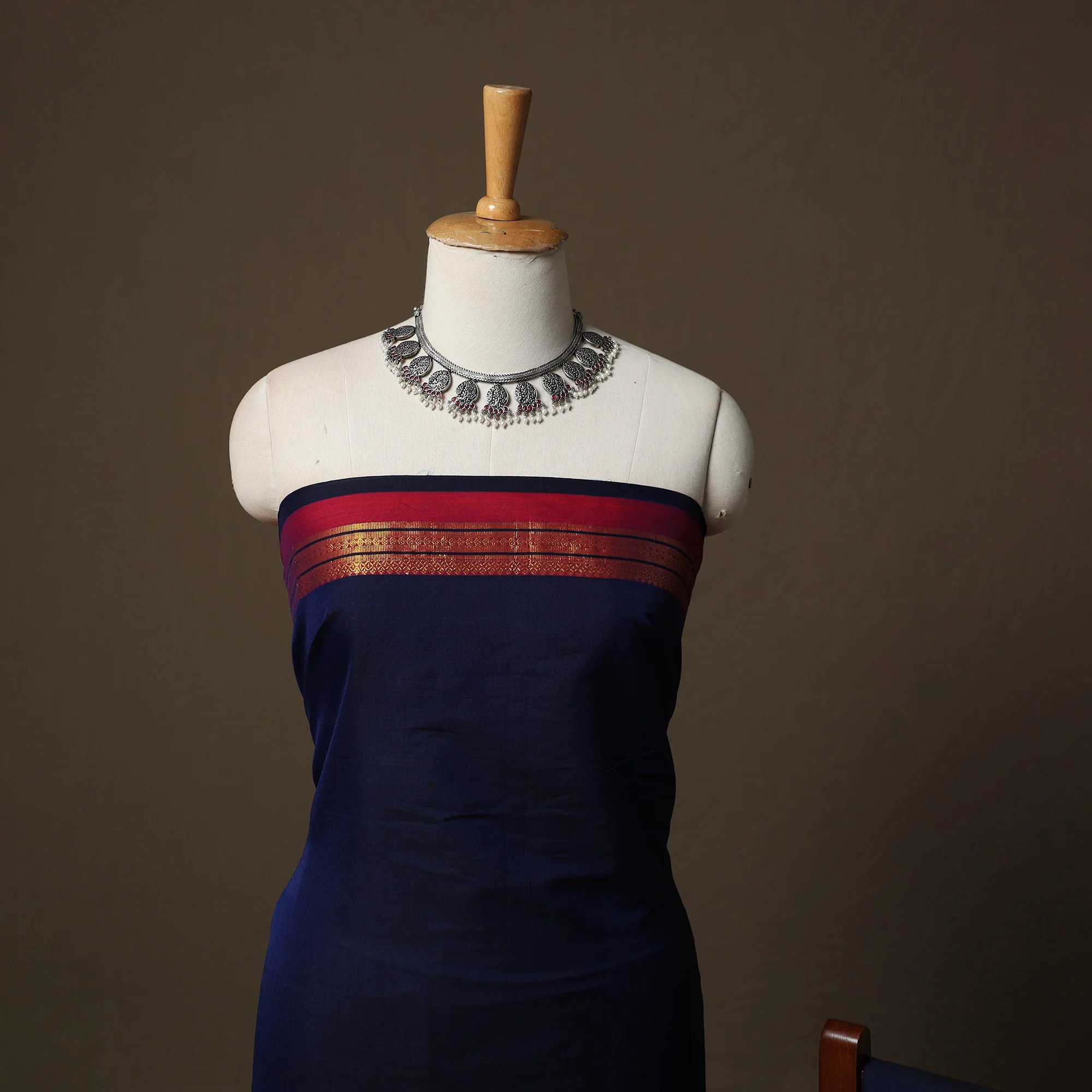 Blue - Dharwad Cotton 3pc Unstitched Dress Material Suit Set with Woven Border 43 - Image 3